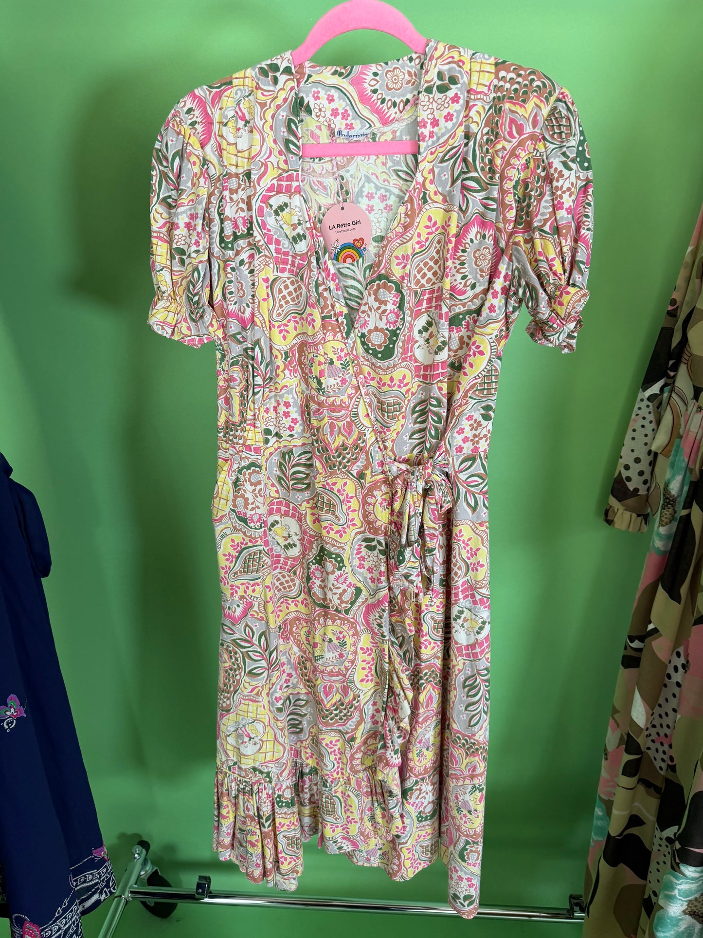 Vintage 40s Novelty Print Cotton Wrap Dress Modern Aire Fits S-L