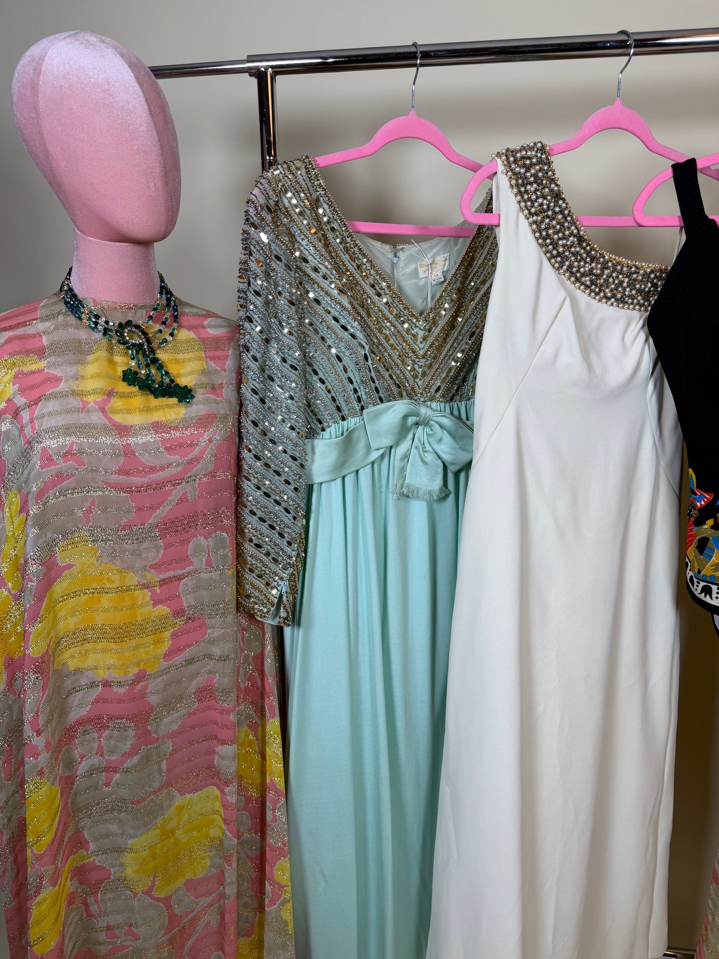 50s Vintage Emma Domb One Shoulder Embellished Pearl Beading Gown Fits XS-SM