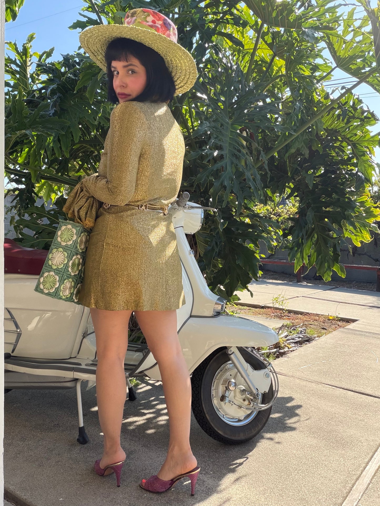 Vintage RARE 70s Betsey Johnson Paraphernalia Gold Metallic Bell Sleeve Mini Duster Dress XS-M