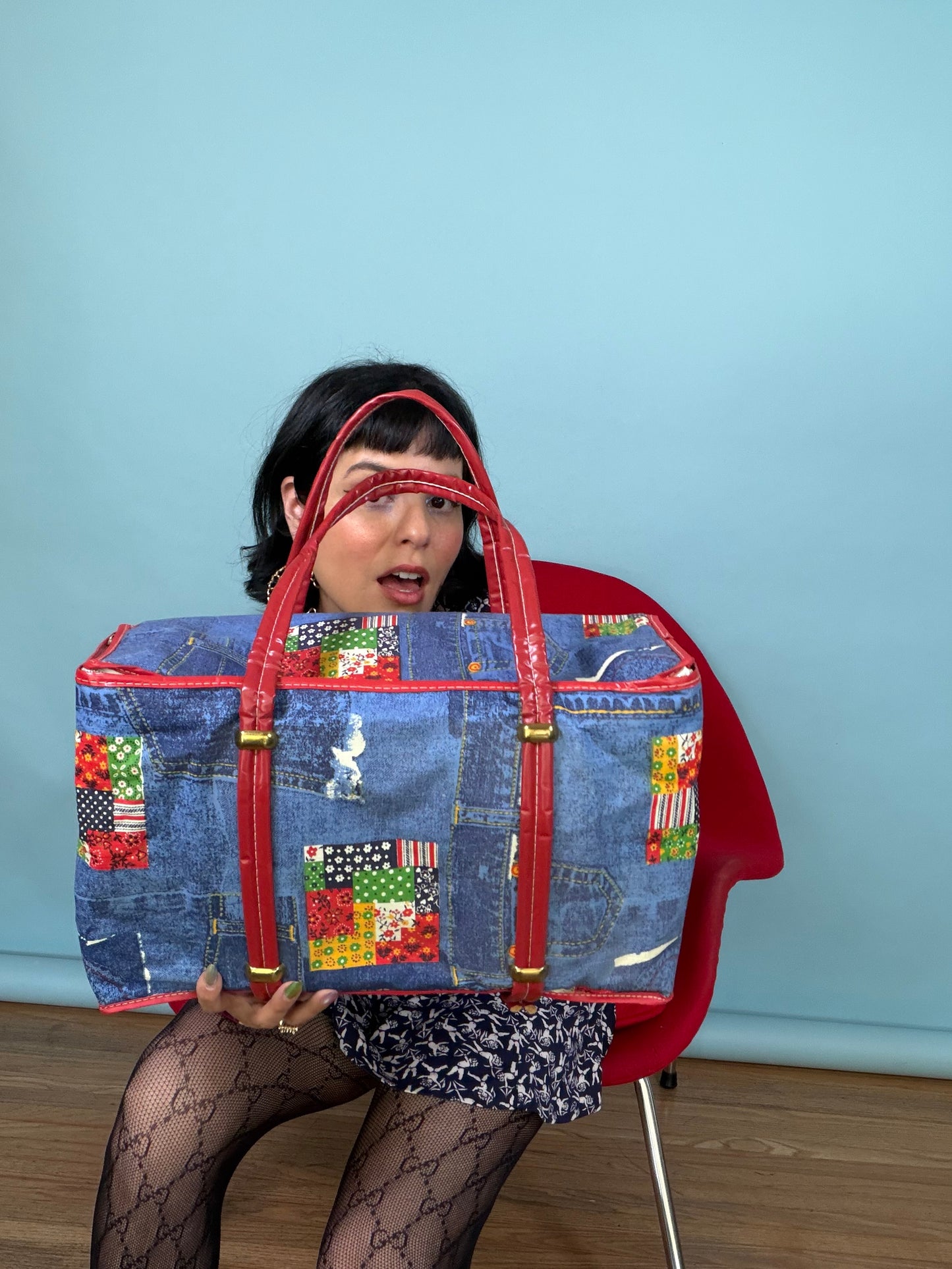 Vintage 1960s / 1970s  Novelty Denim Patchwork Weekender Bag