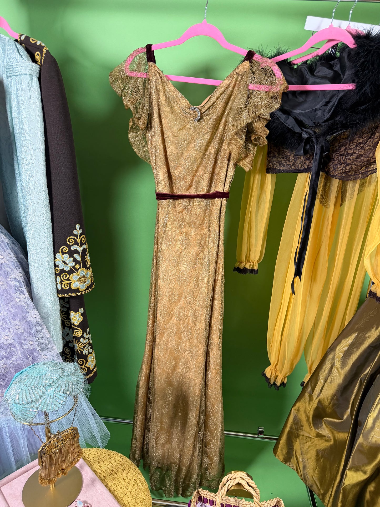 Vintage 30s Bronze Metallic Lace with Velvet Detail Gown Fits XS-SM & Possible size M