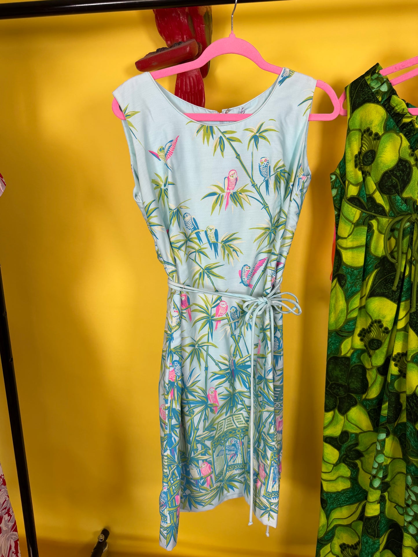 Vintage 60s Lee Stevens of Miami Polished Cotton Tropical Parrot Paradise Print Dress XS-SM