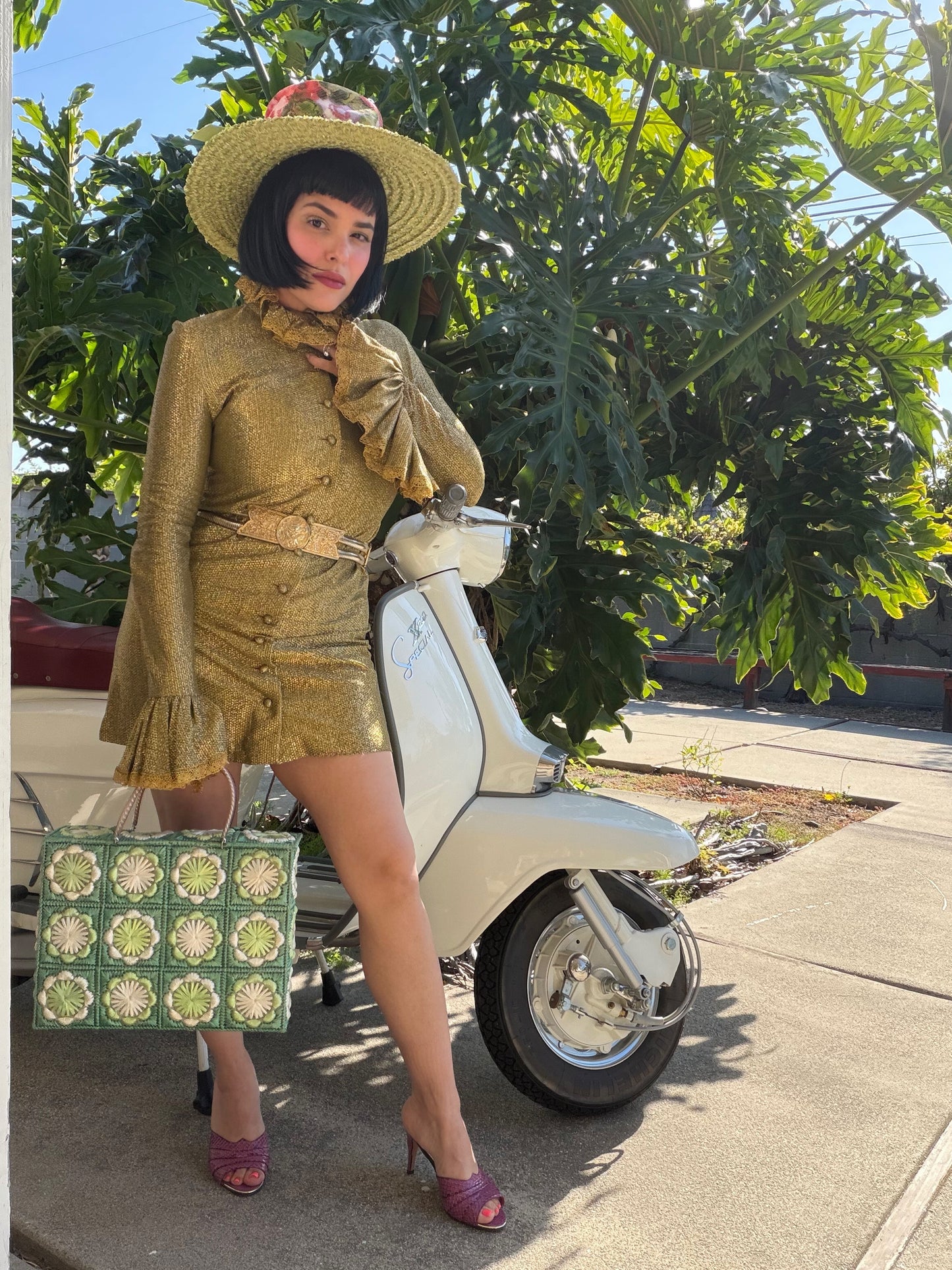 Vintage RARE 70s Betsey Johnson Paraphernalia Gold Metallic Bell Sleeve Mini Duster Dress XS-M