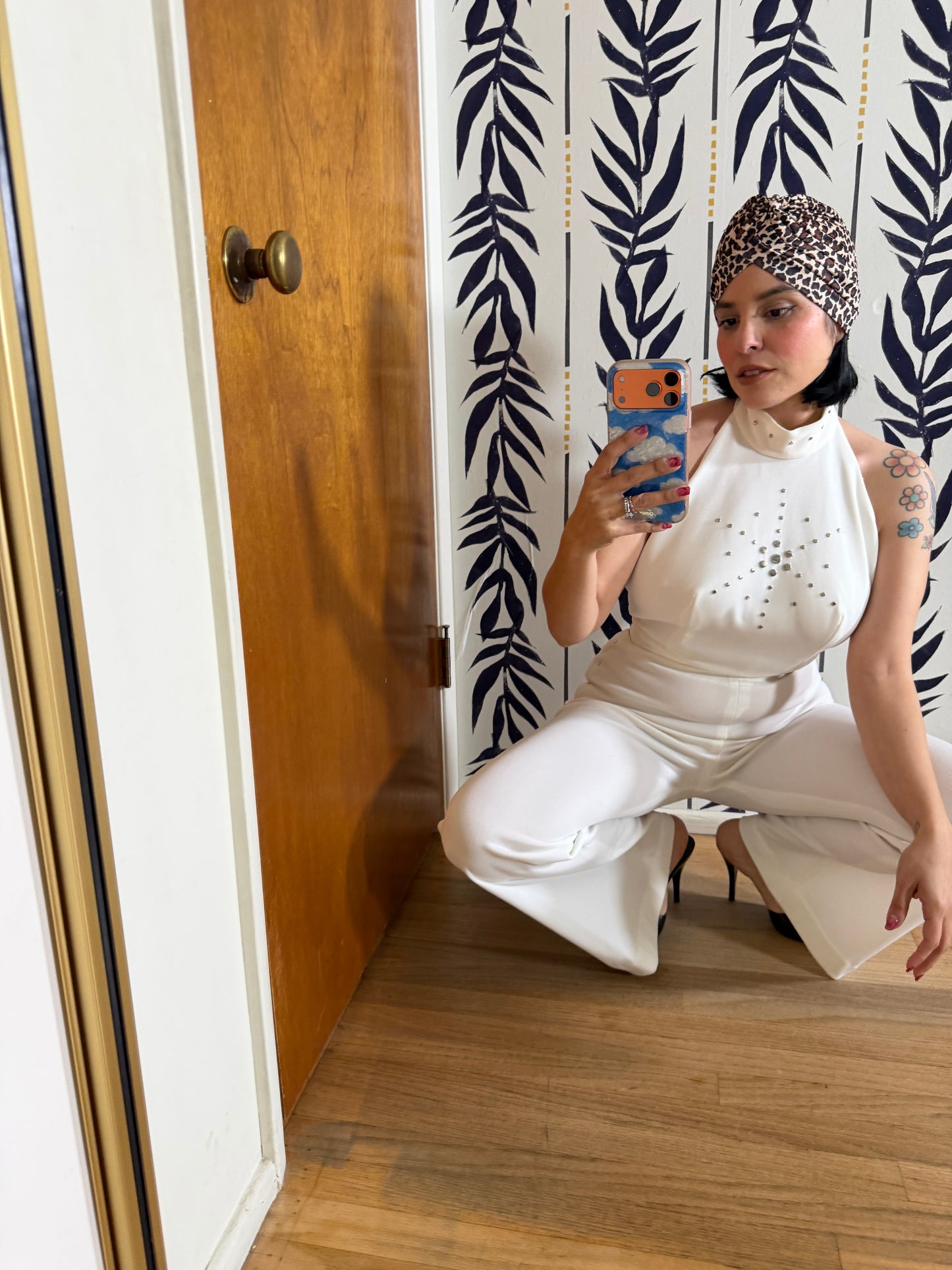 70s Vintage Disco White Halter Studded Pant Set XS-M