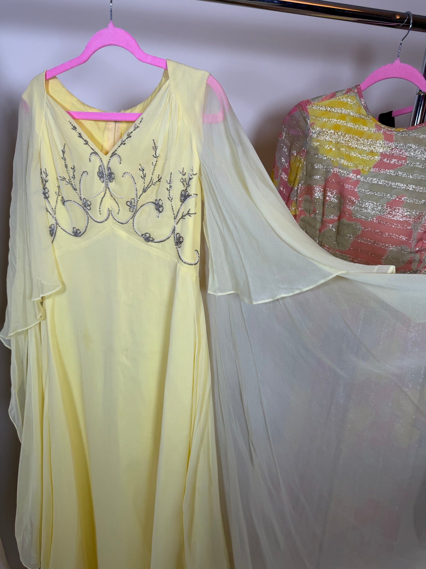 60s Vintage Ethereal Yellow Chiffon Cape Sleeve Gown Fits S-M