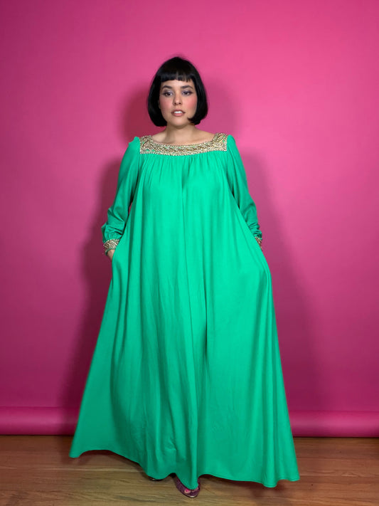 60s Lucie Ann of Beverly Hills Kelley Green & Gold Trapeze Style Dress Fits most sizes