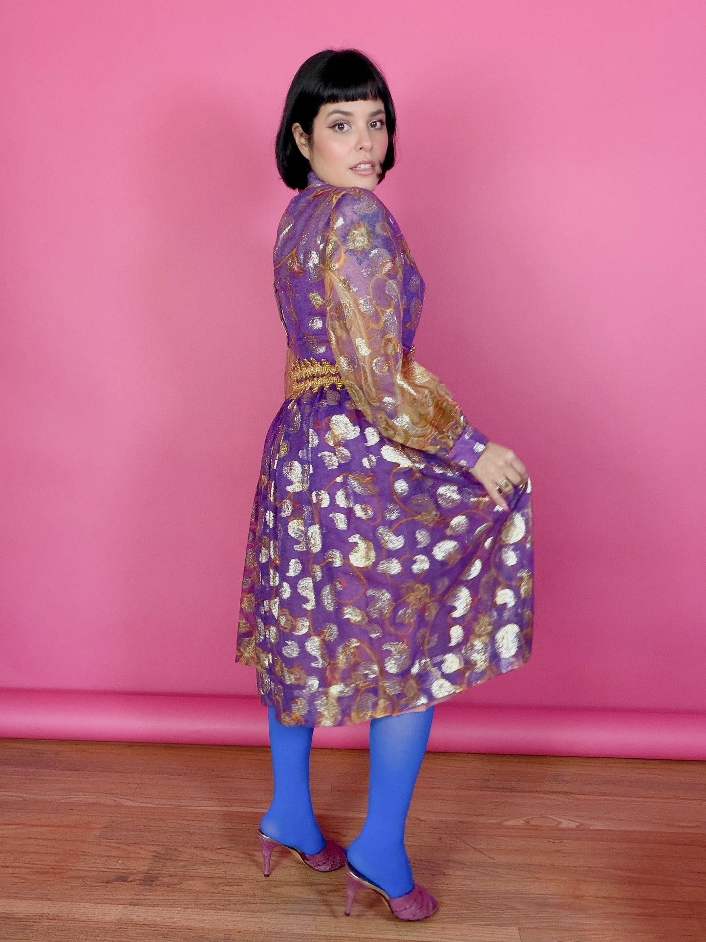 Vintage 60s Carrie Couture Purple & Gold Lame Cocktail Dress Fits XS-SM
