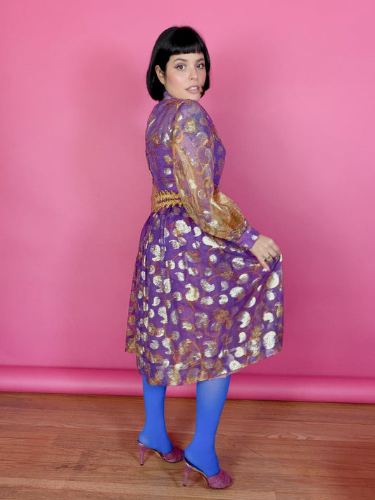 Vintage 60s Carrie Couture Purple & Gold Lame Cocktail Dress Fits XS-SM