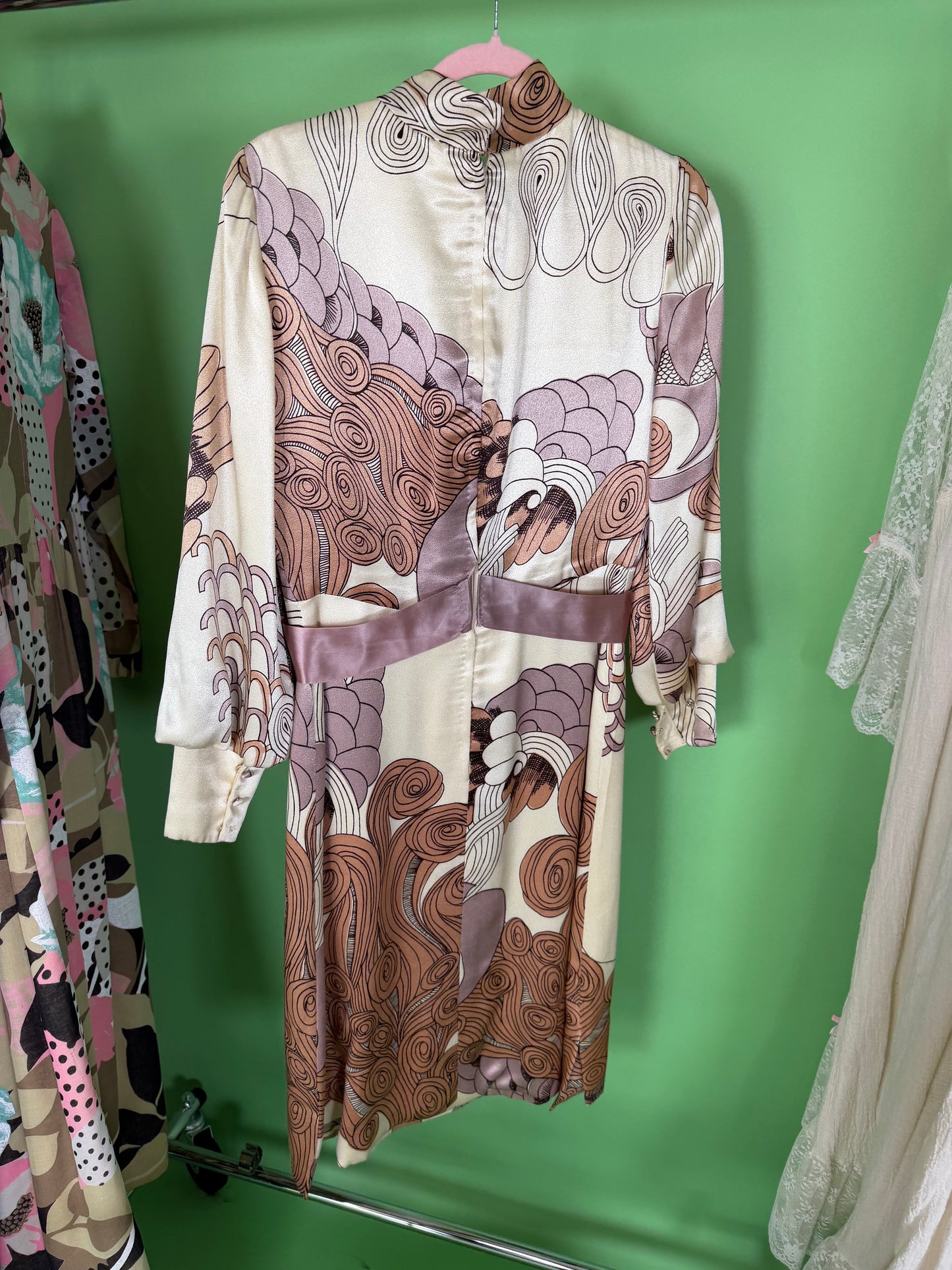Vintage 60s Silk Satin Estevez Abstract Feather Print Dress XS-M