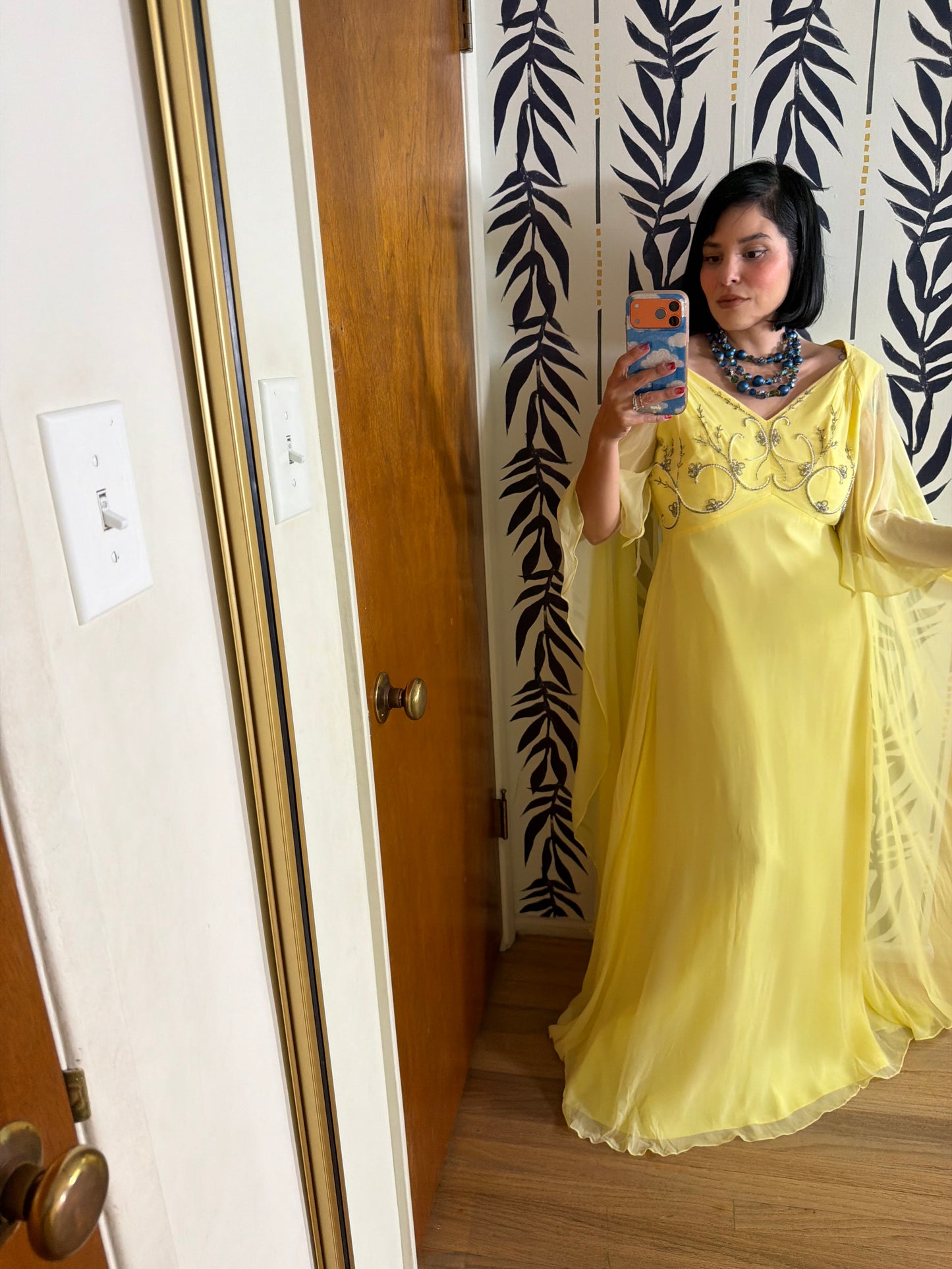 60s Vintage Ethereal Yellow Chiffon Cape Sleeve Gown Fits S-M