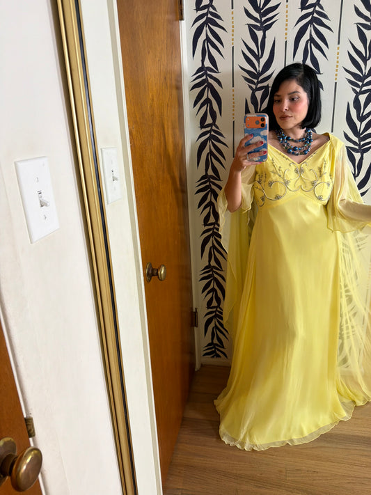 60s Vintage Ethereal Yellow Chiffon Cape Sleeve Gown Fits S-M