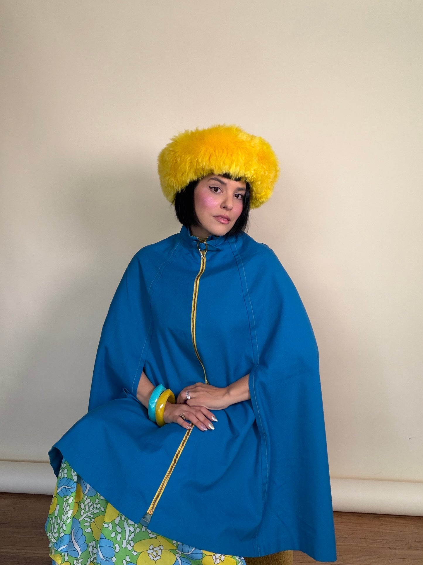 Vintage 60s Marine Blue Mod Poncho Gold Zip Cape by Jonathan Logan Fits all sizes