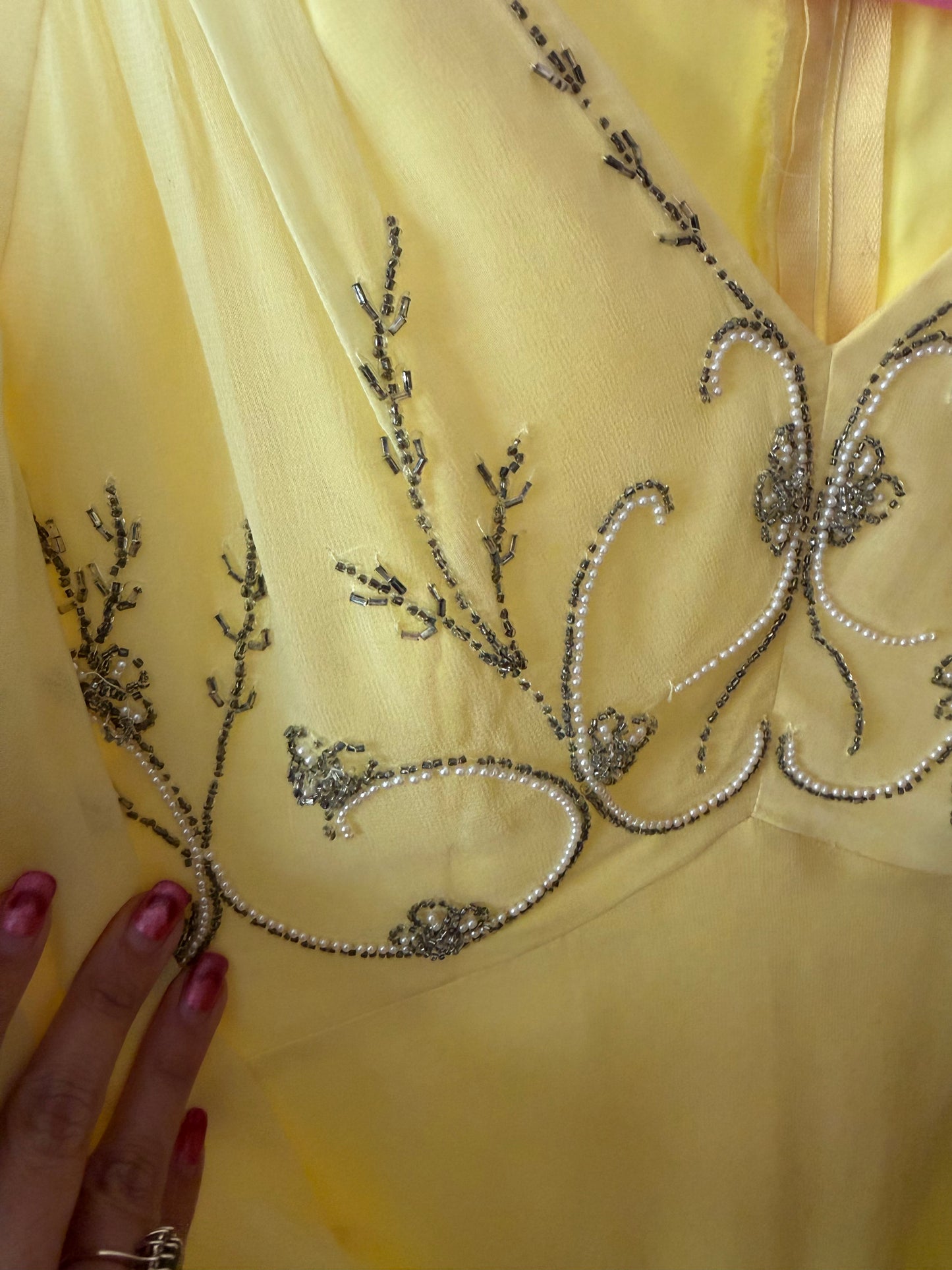 60s Vintage Ethereal Yellow Chiffon Cape Sleeve Gown Fits S-M