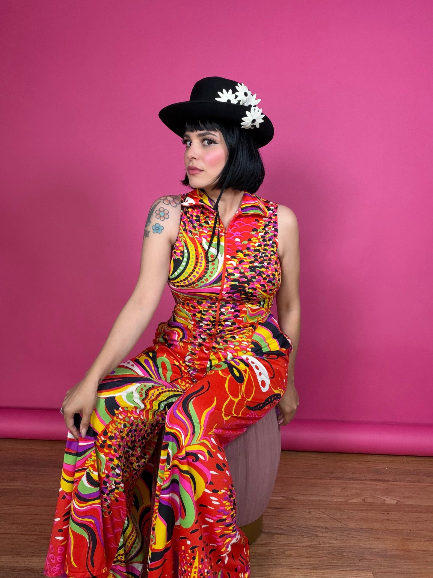 Vintage 60s Red Psychedelic Jumpsuit Fits XS-M