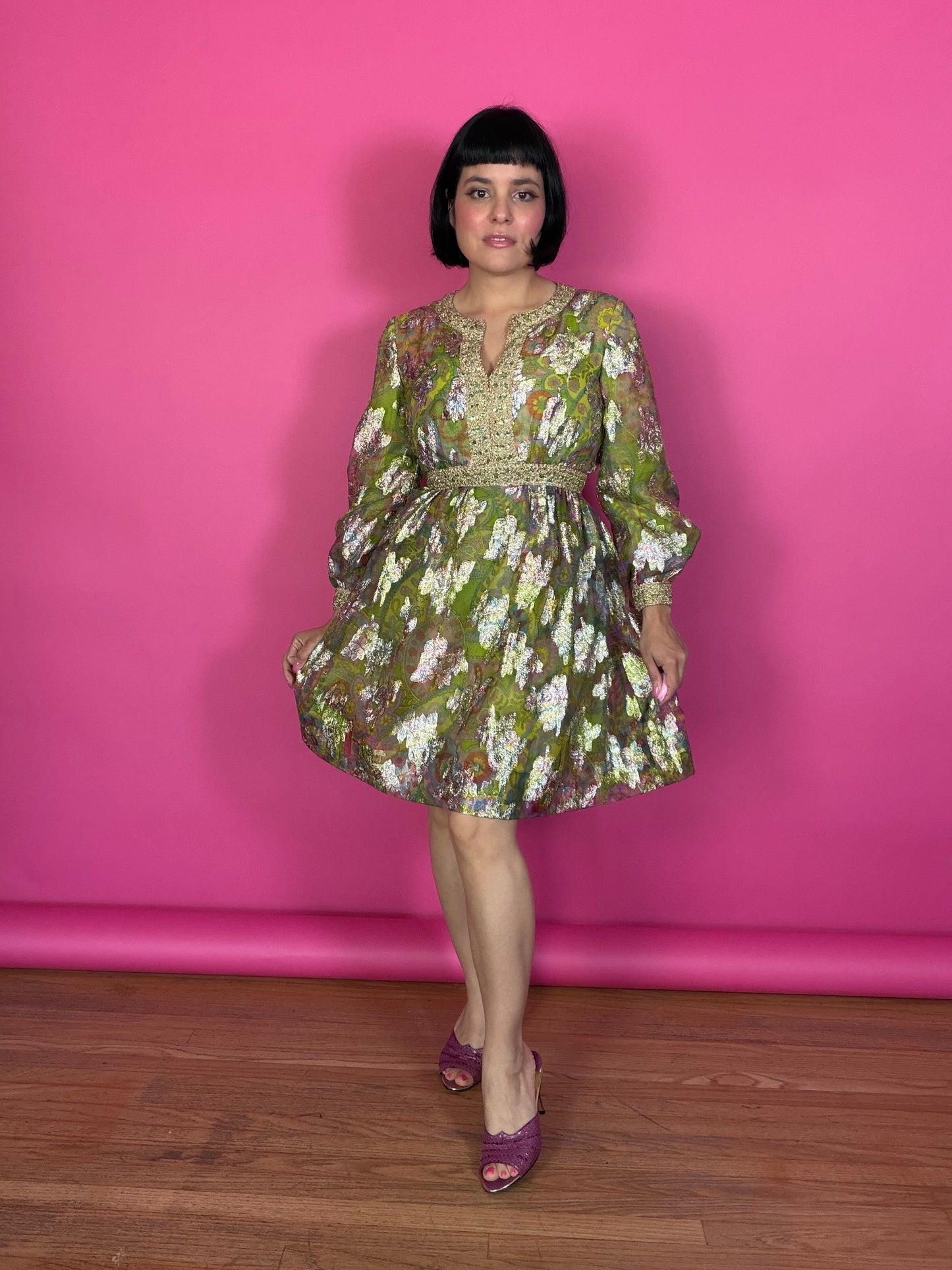 Vintage 60s Saks 5th Ave Chartreuse Rainbow & Gold Lame Cocktail Dress Fits XS-SM