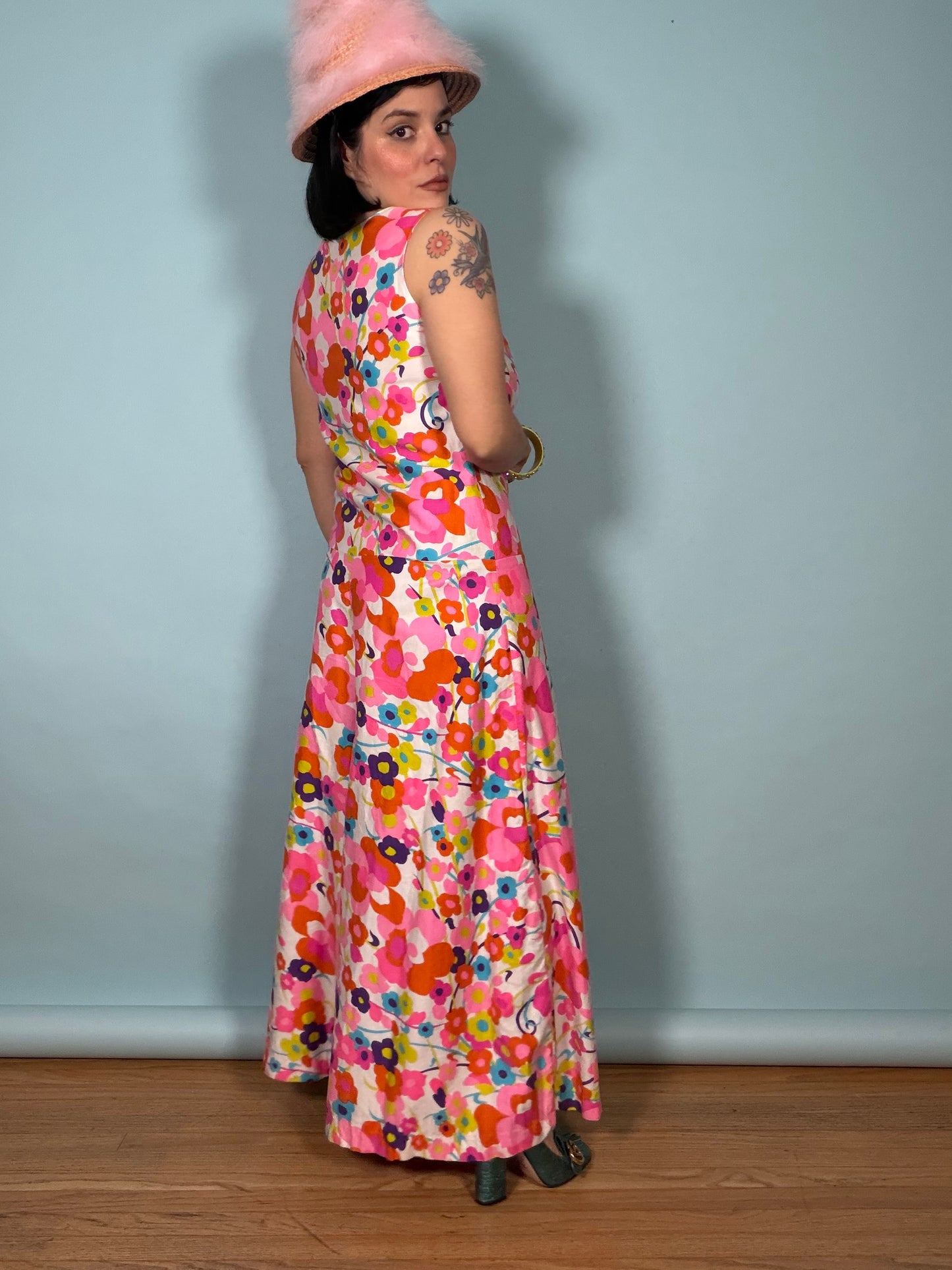 60s Carol Brent Floral Ultra Wide Leg Jumpsuit Fits XS-SM