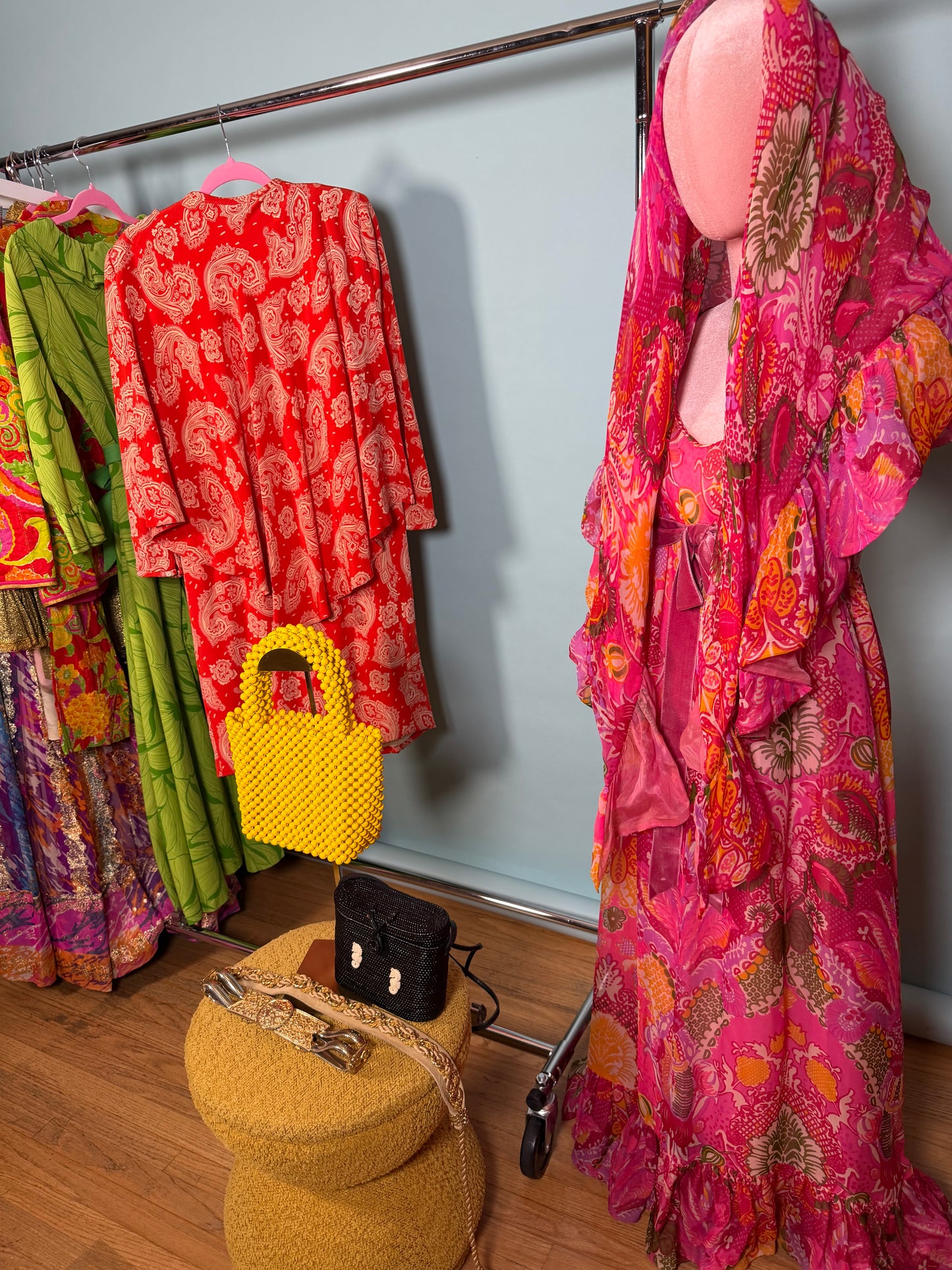Vintage 60s Malcolm Starr Elinor Simmons Silk Chiffon Pink floral Psychedelic Maxi Gown & Shawl Fits XS-SM