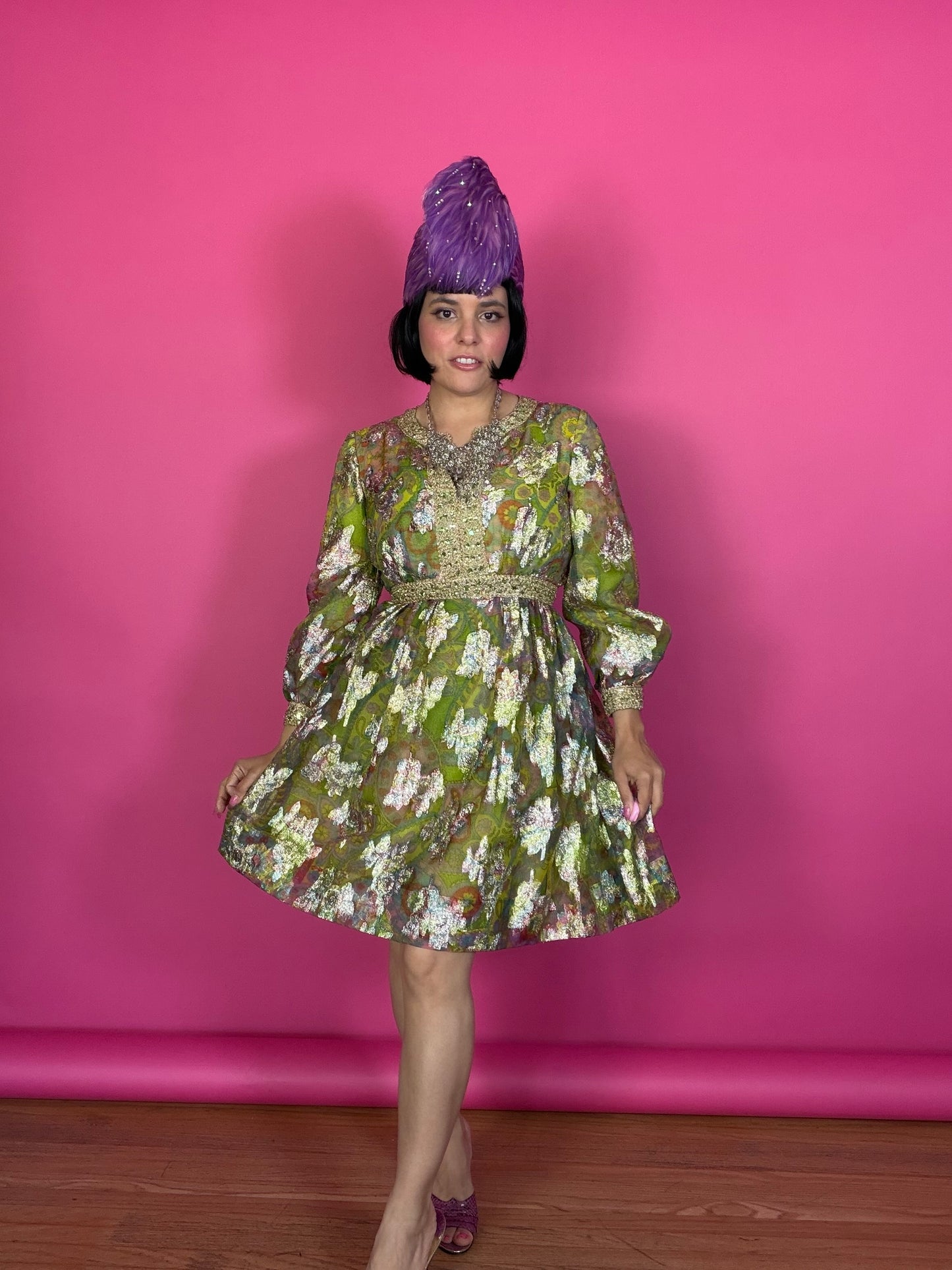 Vintage 60s Saks 5th Ave Chartreuse Rainbow & Gold Lame Cocktail Dress Fits XS-SM