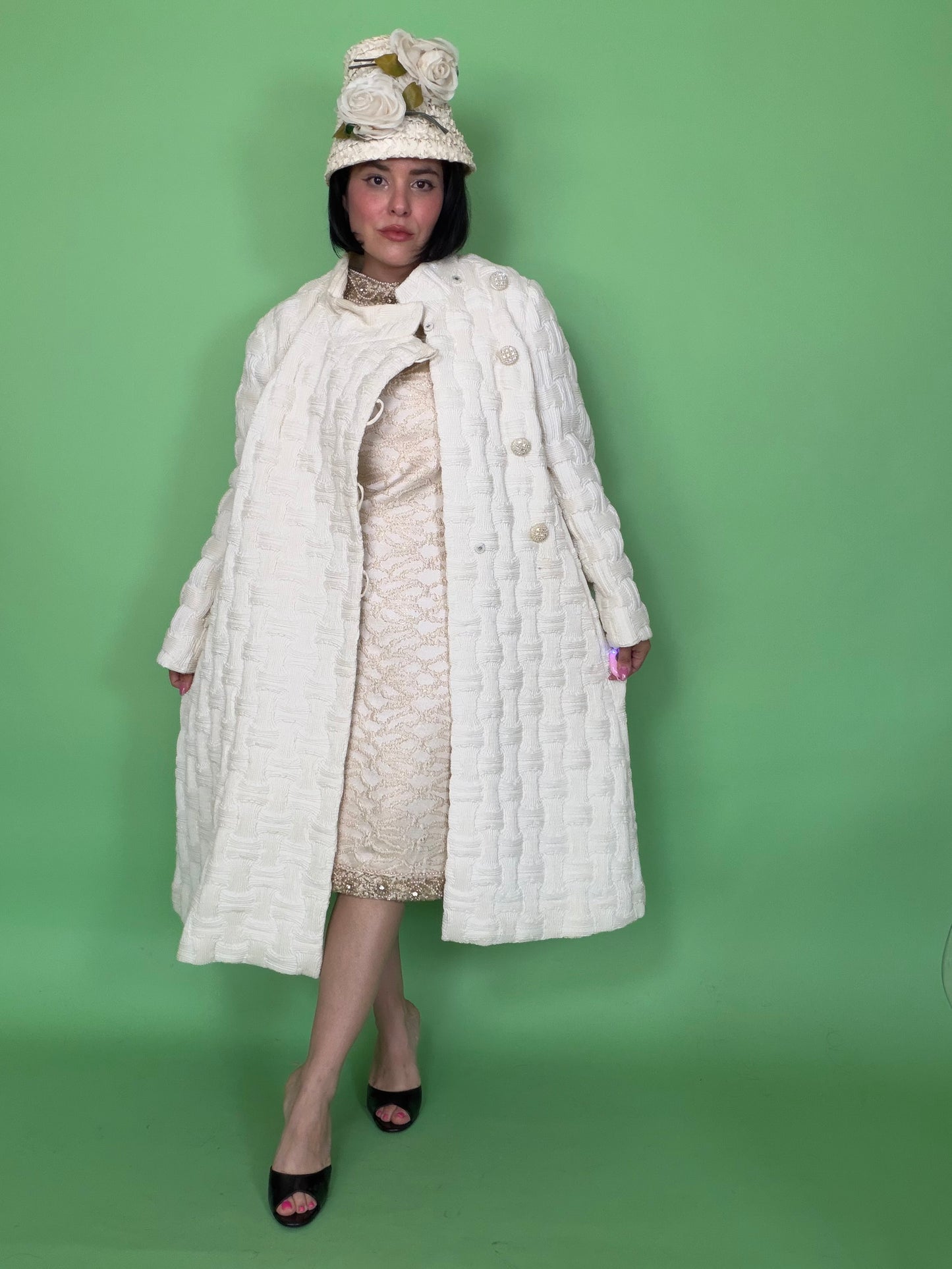 Vintage 60s Mod White Brocade Cocktail Dress by Bullock Whilshire fits S-M & possible size L