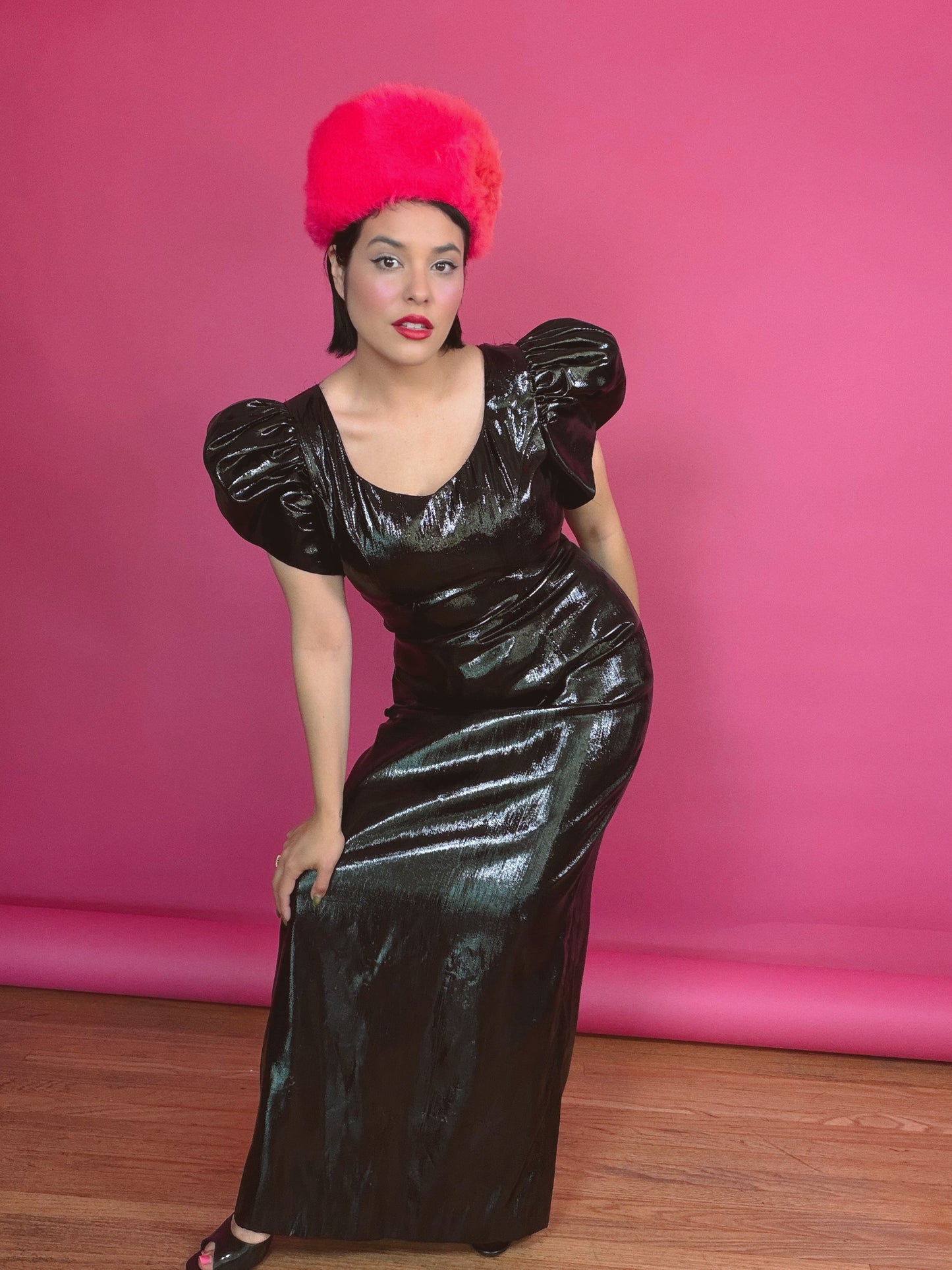 Vintage 1980s Wet Look Maxi Puffy Sleeves Gown Fits XS-M