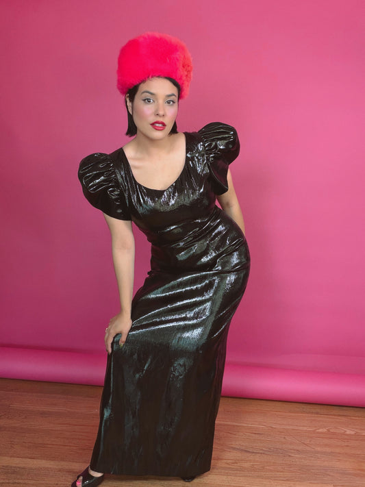Vintage 1980s Wet Look Maxi Puffy Sleeves Gown Fits XS-M