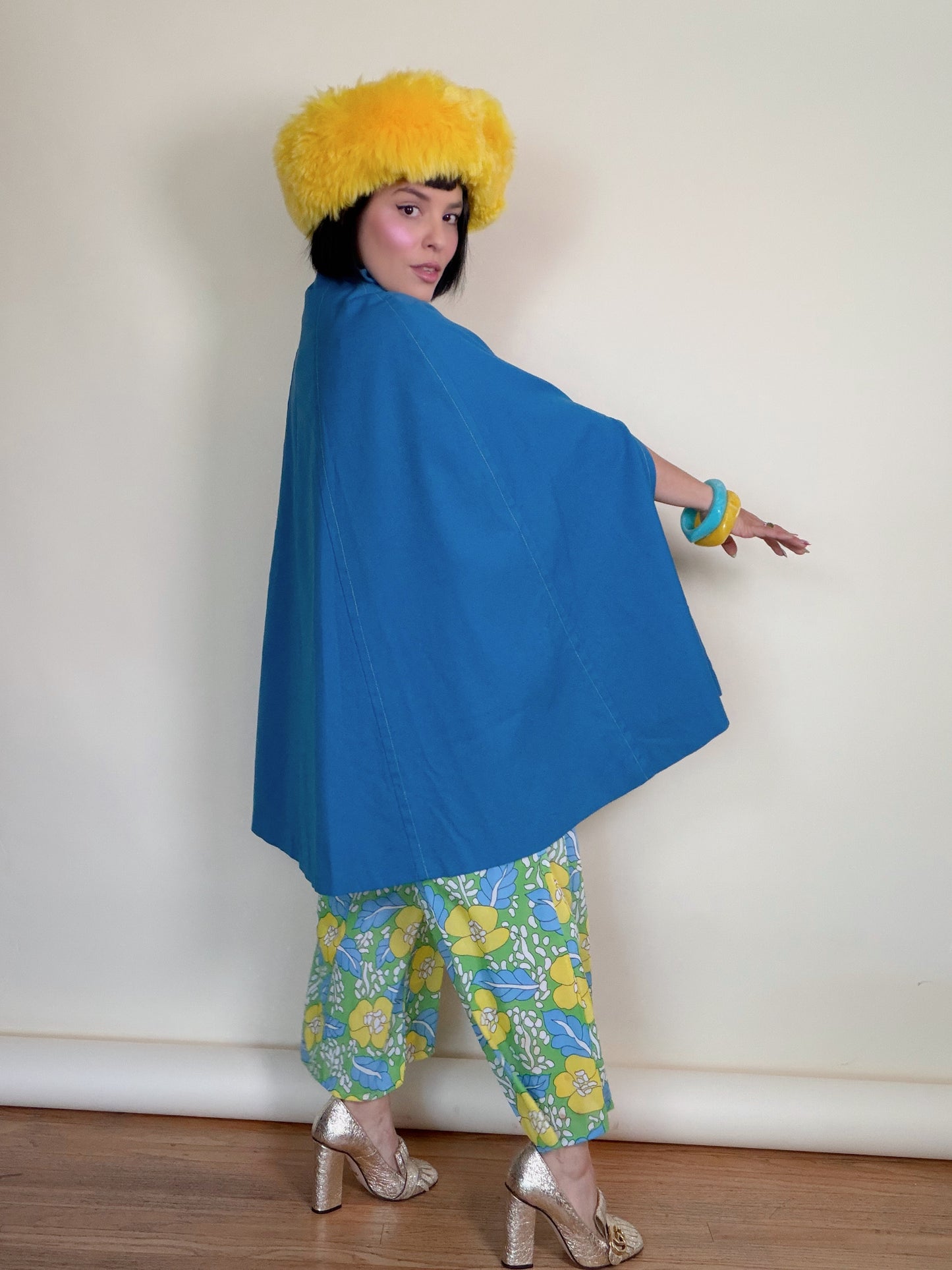 Vintage 60s Marine Blue Mod Poncho Gold Zip Cape by Jonathan Logan Fits all sizes