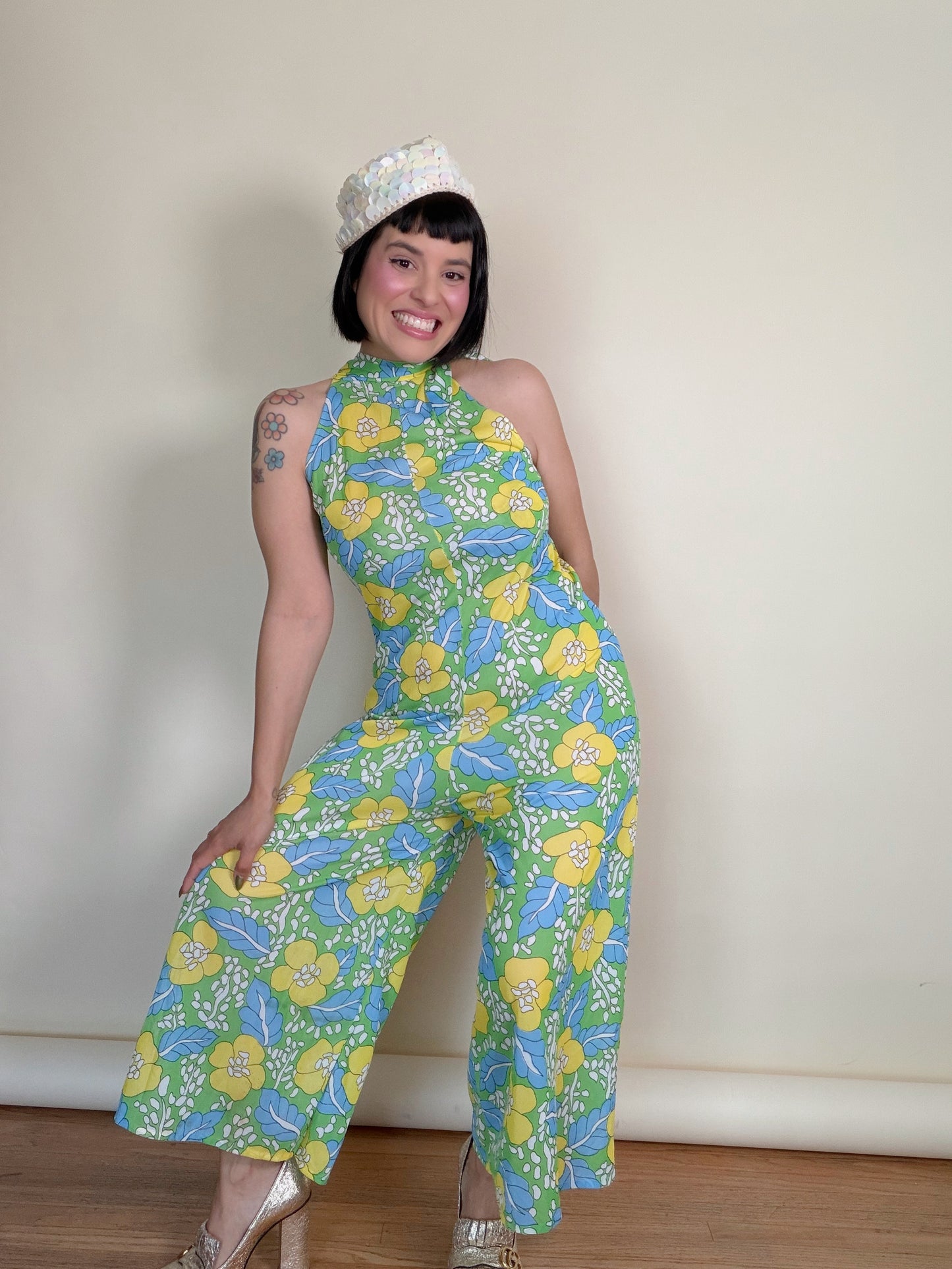 Vintage 60s Mod Hawaiian Citrus Floral Wideleg Jumpsuit Fits XS-M