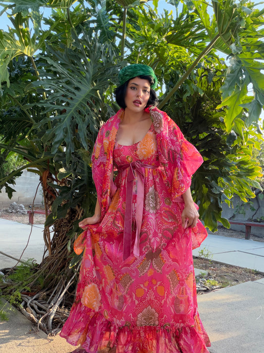 Vintage 60s Malcolm Starr Elinor Simmons Silk Chiffon Pink floral Psychedelic Maxi Gown & Shawl Fits XS-SM