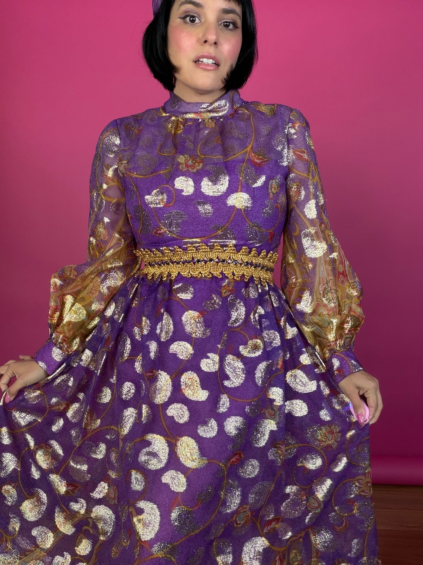 Vintage 60s Carrie Couture Purple & Gold Lame Cocktail Dress Fits XS-SM