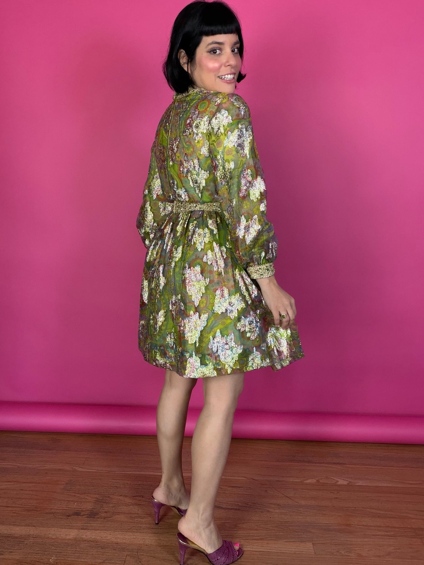 Vintage 60s Saks 5th Ave Chartreuse Rainbow & Gold Lame Cocktail Dress Fits XS-SM