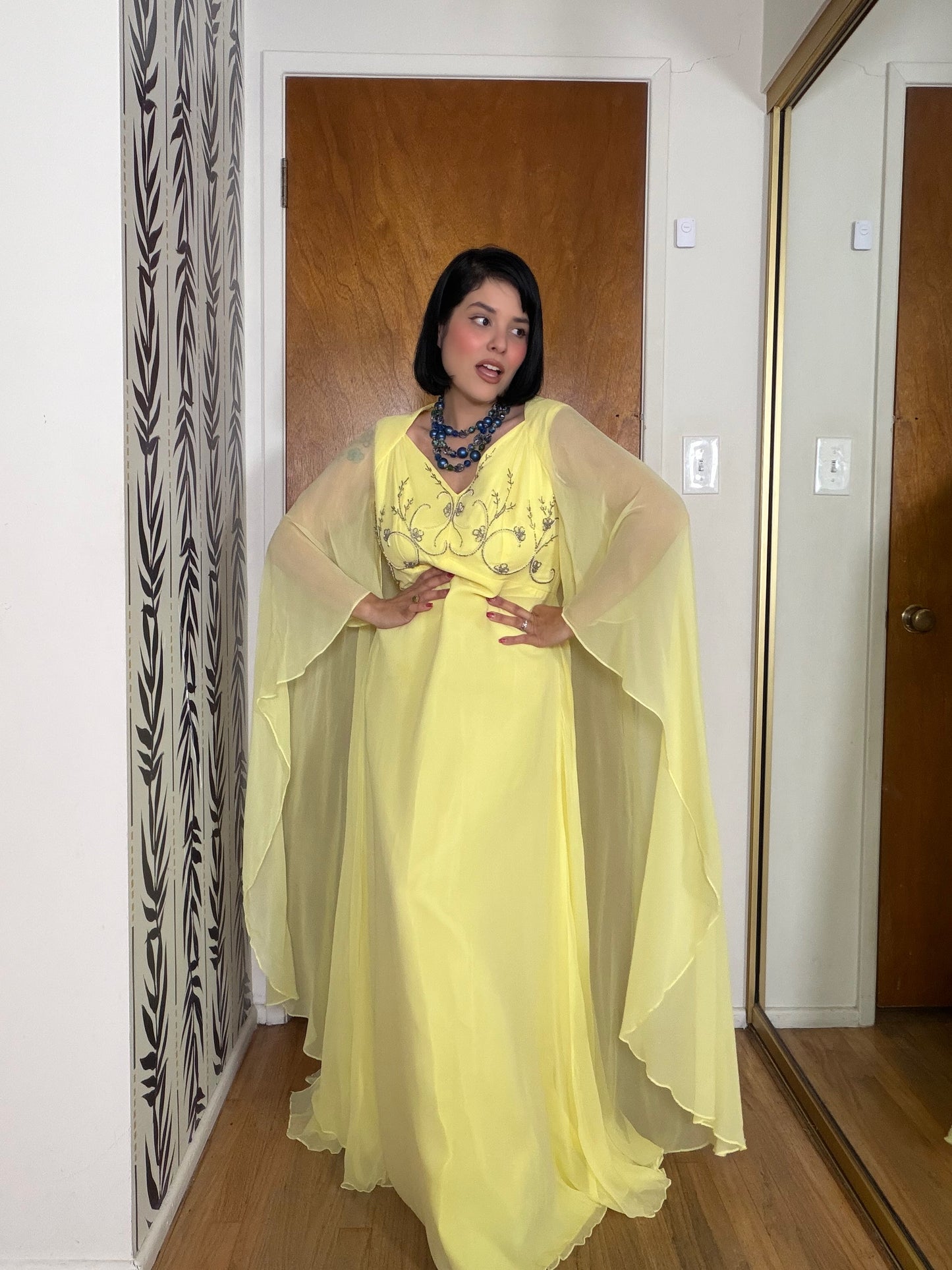 60s Vintage Ethereal Yellow Chiffon Cape Sleeve Gown Fits S-M