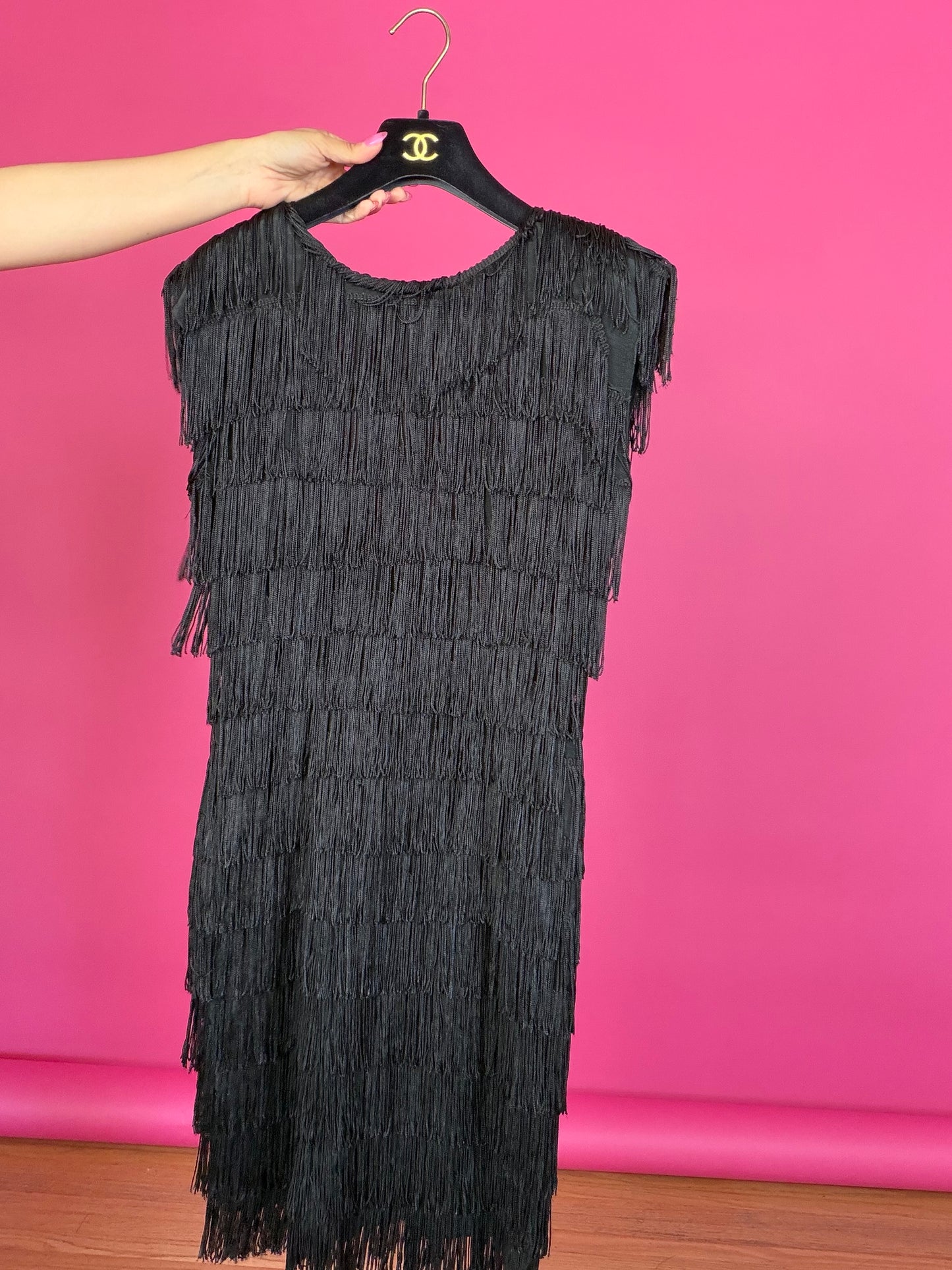 Vintage 70s / 80s Black Fringe Wiggle Dress Made by Roberta