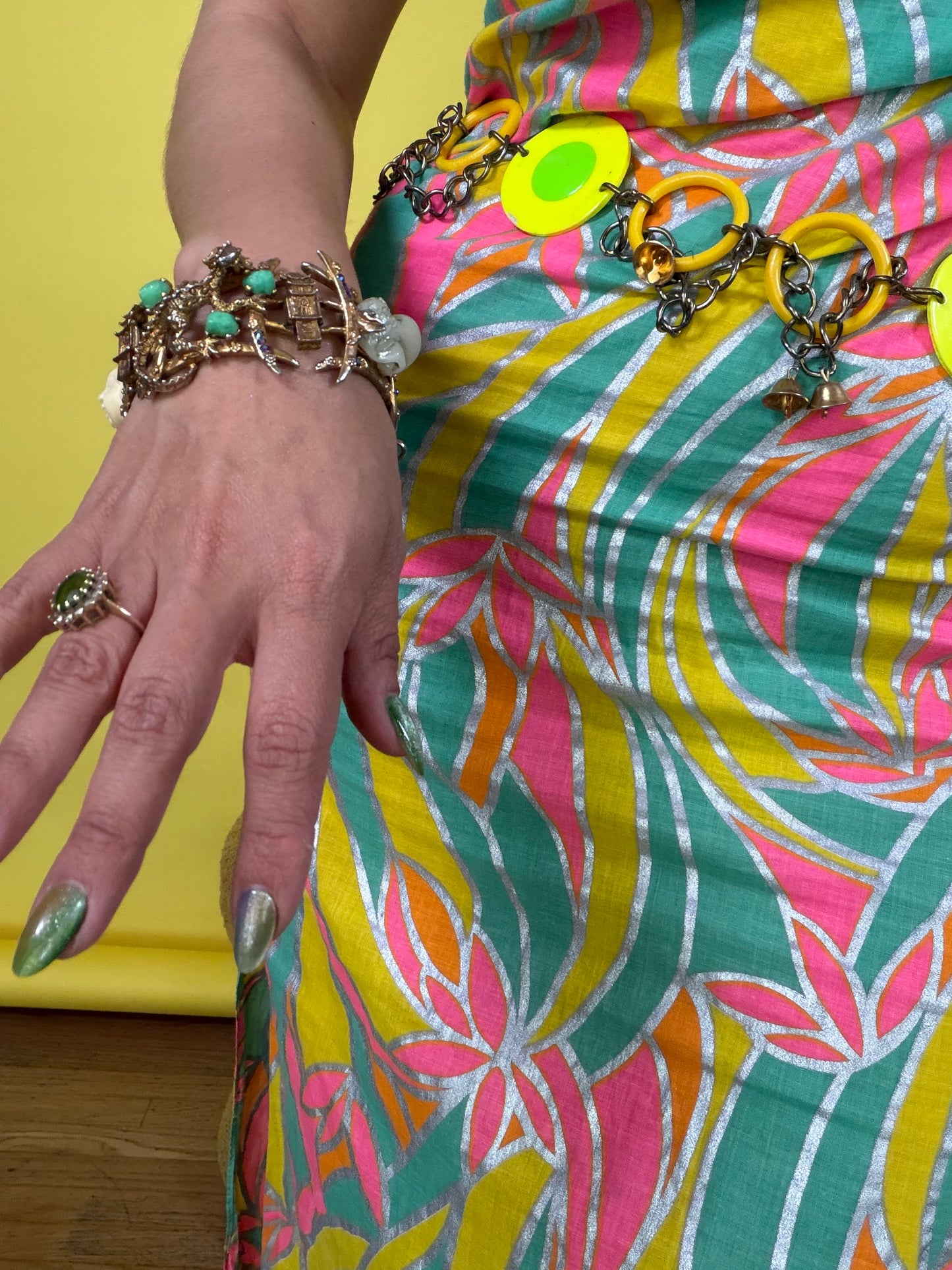 Vintage 60s Birds of Paradise DayGlo Metallic Maxi Dress Fits XS-SM