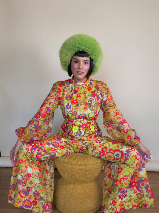 Vintage 60s Abstract Floral Chiffon Jumpsuit Fits Sizes XS-M