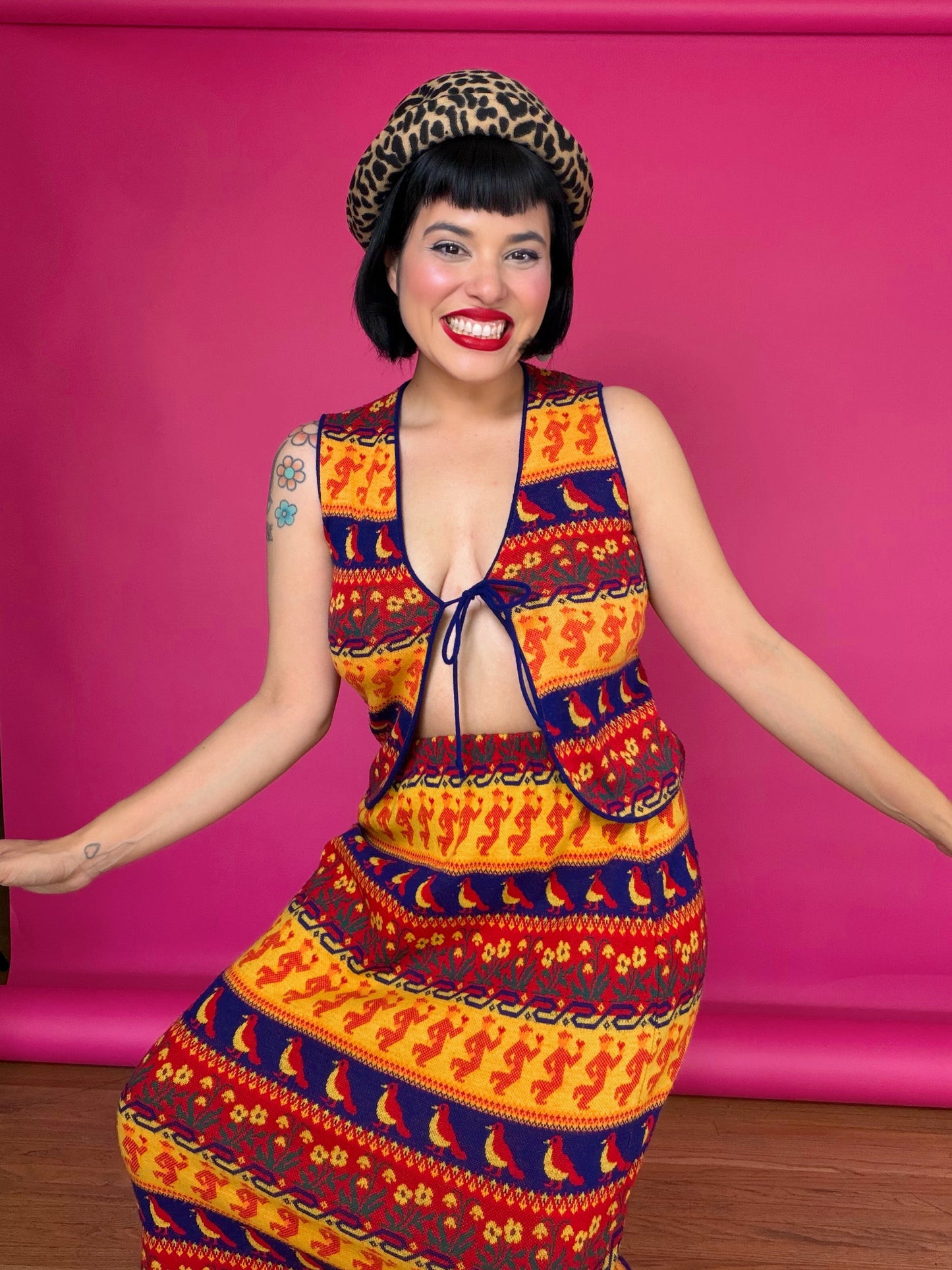 Vintage 1960s Love Bug Novelty Skirt & Vest Set Fits XS-M