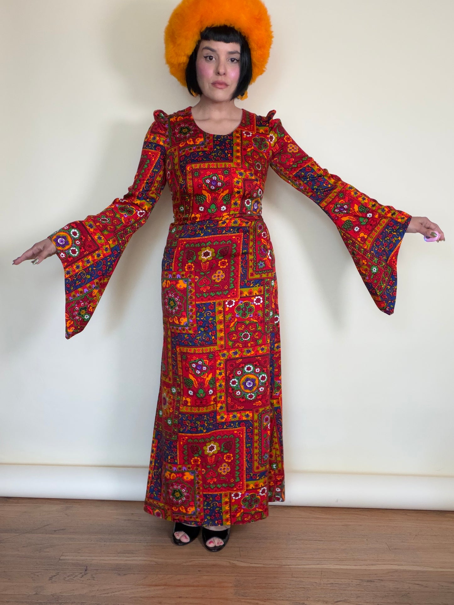 Vintage 60s Renaissance Wizard Sleeve Maxi Dress Fits XS-SM