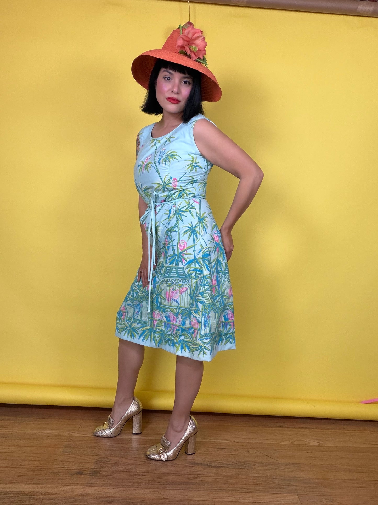 Vintage 60s Lee Stevens of Miami Polished Cotton Tropical Parrot Paradise Print Dress XS-SM