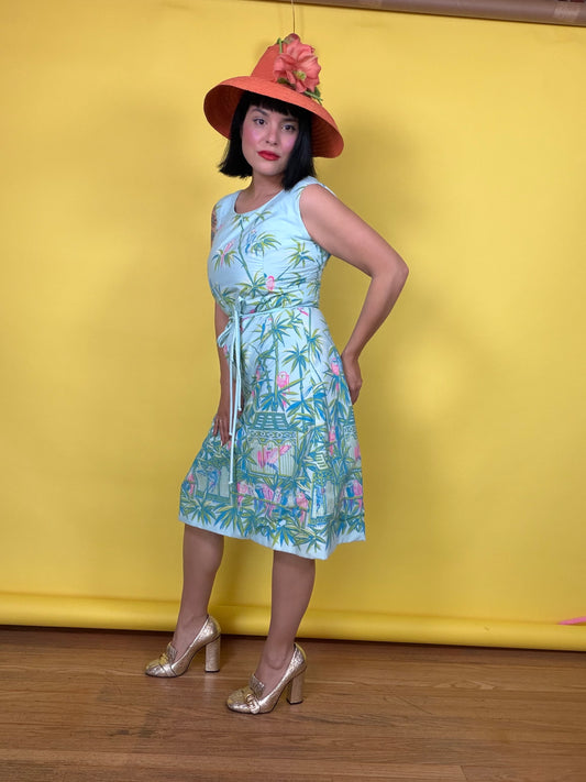 Vintage 60s Lee Stevens of Miami Polished Cotton Tropical Parrot Paradise Print Dress XS-SM