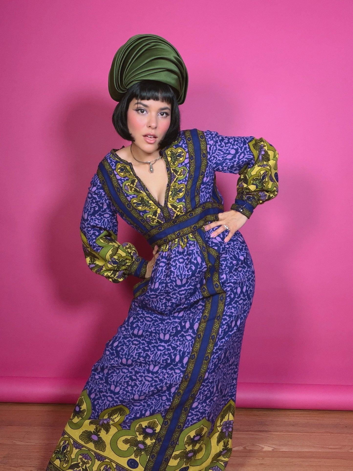 Vintage 60s RARE Malcolm Starr Purple & Chartreuse Maxi Dress XS-SM