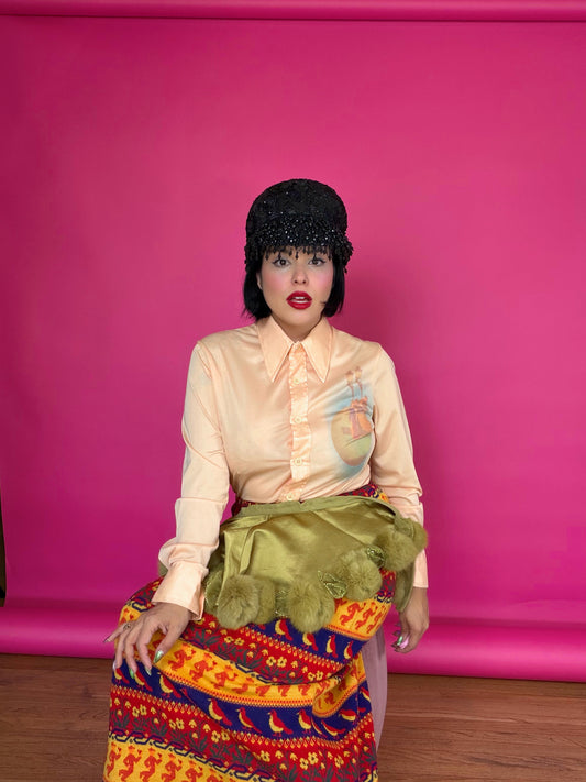 Vintage 70s Moulin Rouge Novelty Dagger Blouse Fits XS-M