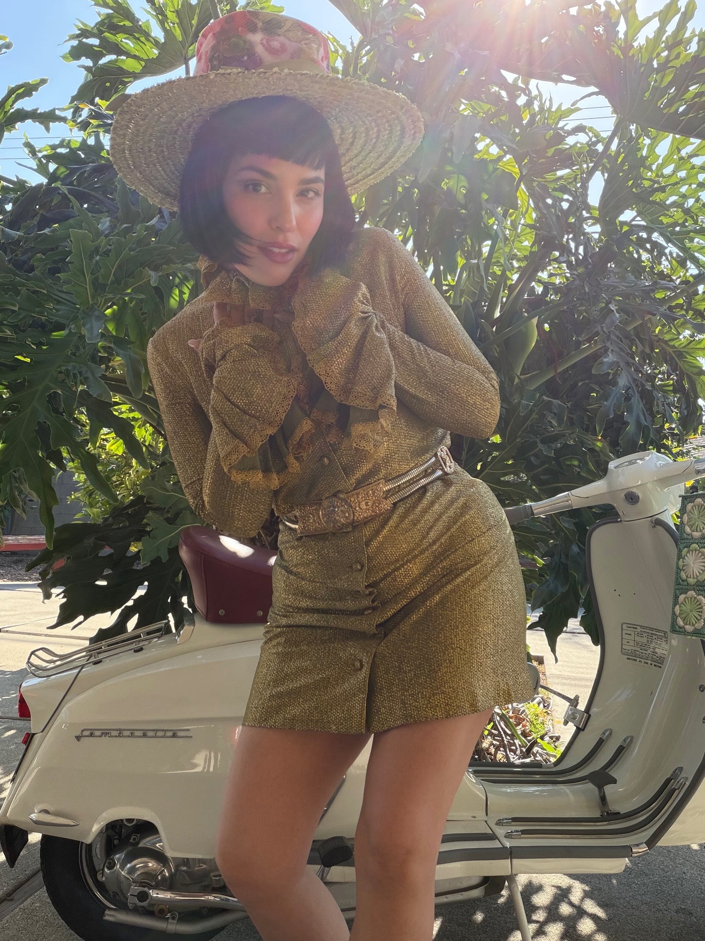 Vintage RARE 70s Betsey Johnson Paraphernalia Gold Metallic Bell Sleeve Mini Duster Dress XS-M