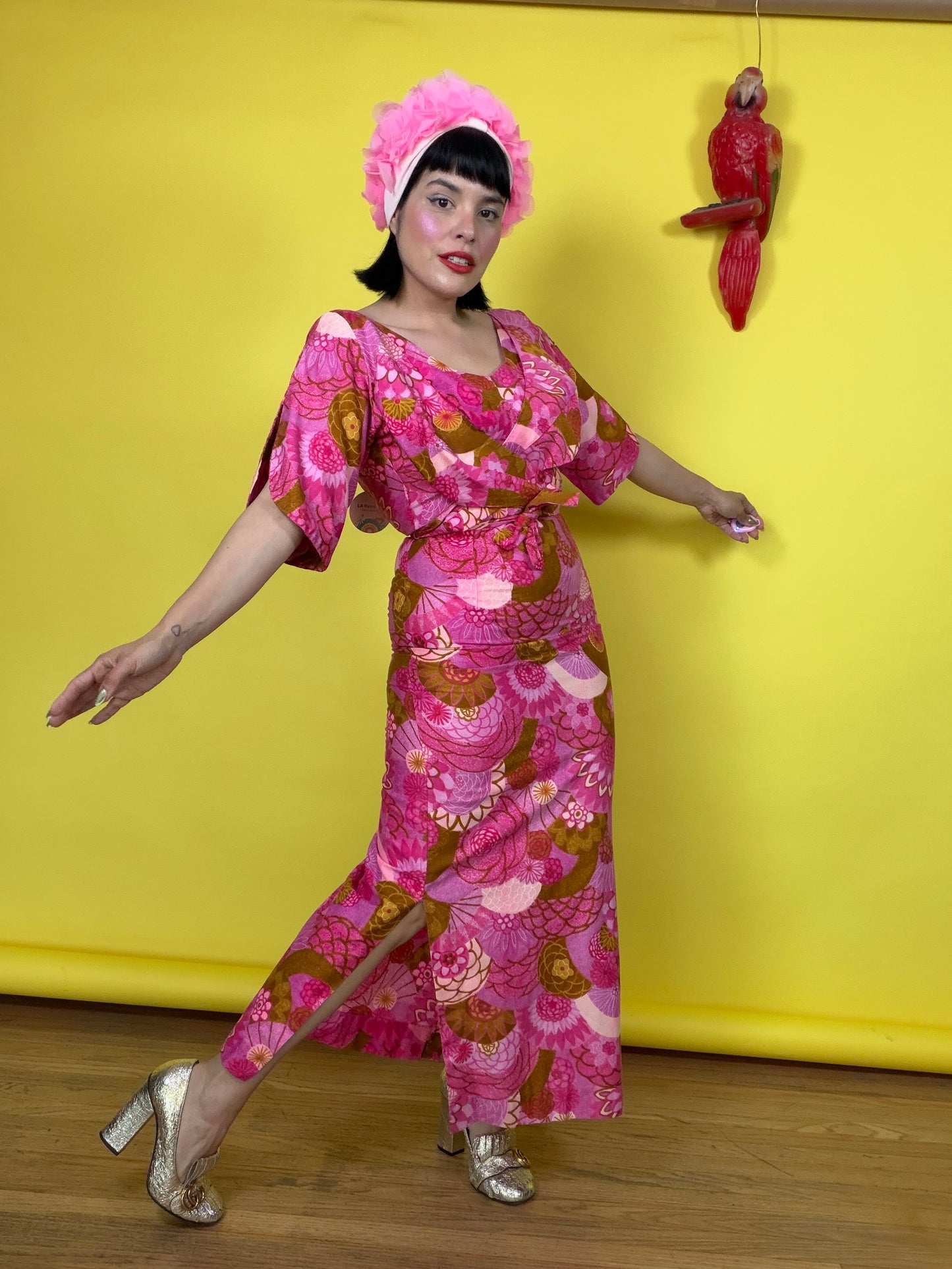 60s Paradise Hawaii Made in Honolulu Pink & Green Floral Maxi XS-SM