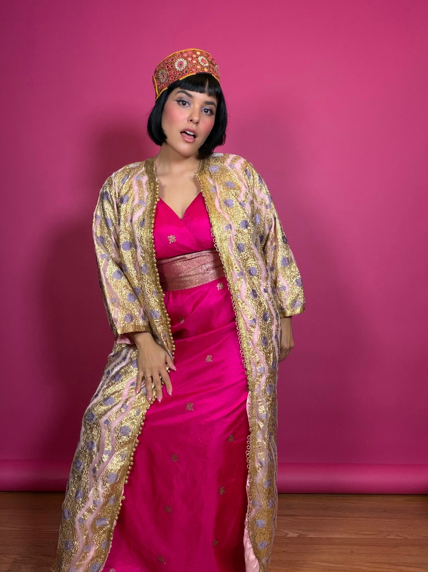 Vintage 60s Silk Fuchsia Pink & Gold Gown S-M