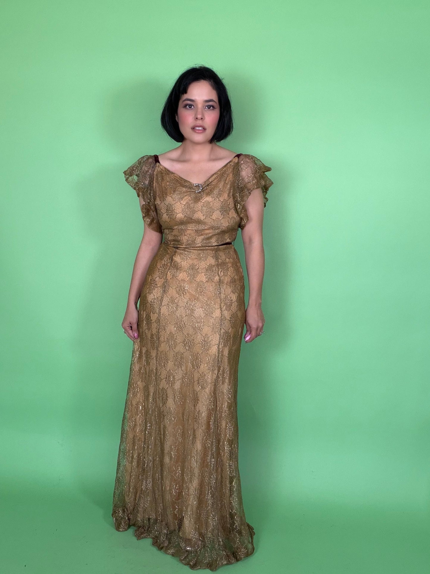 Vintage 30s Bronze Metallic Lace with Velvet Detail Gown Fits XS-SM & Possible size M