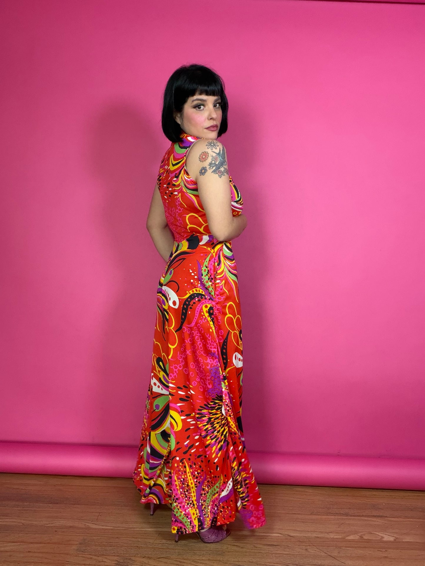 Vintage 60s Red Psychedelic Jumpsuit Fits XS-M