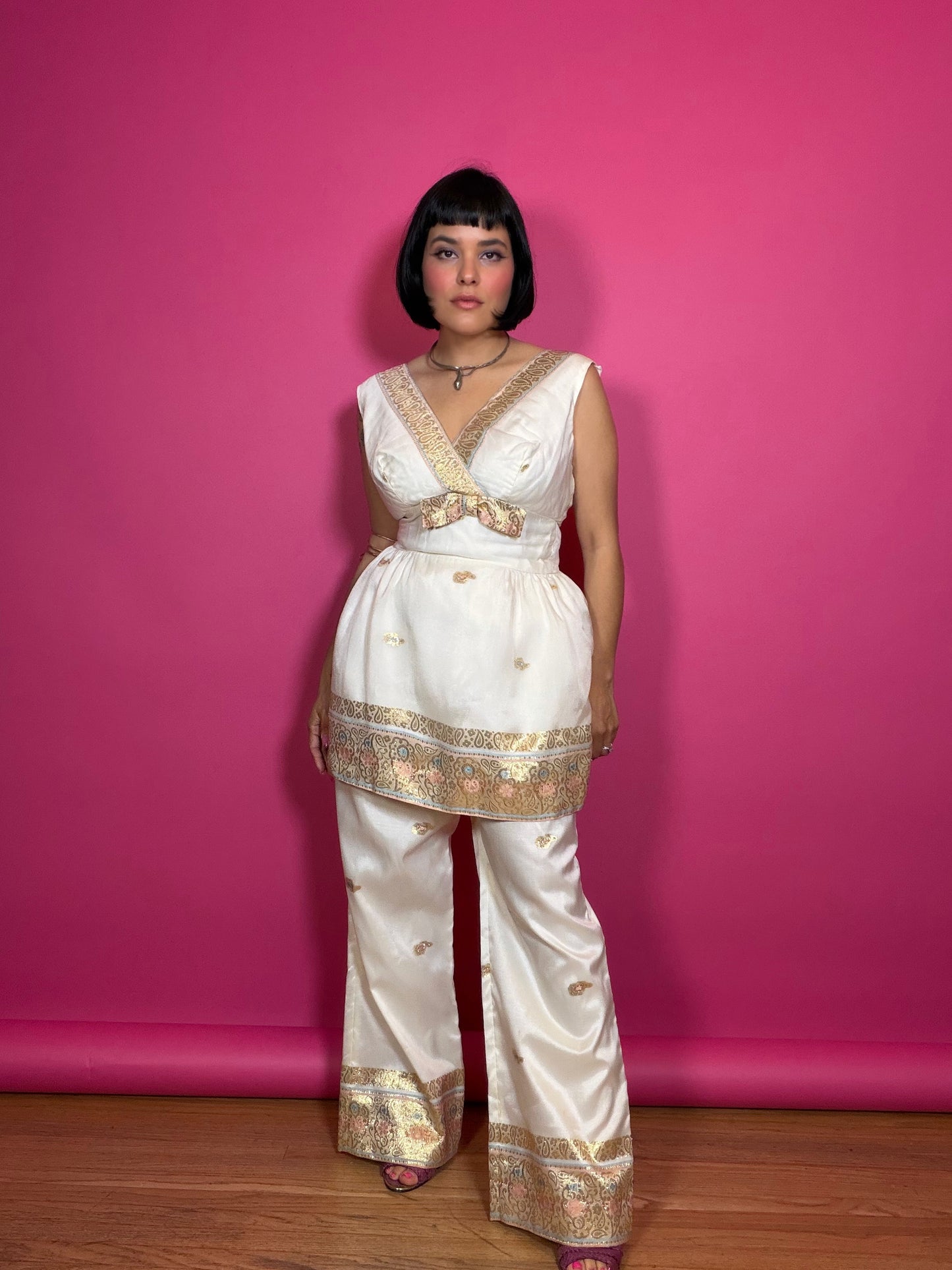 Vintage 60s White & Champagne Gold Silk Pant Set Fits XS-SM