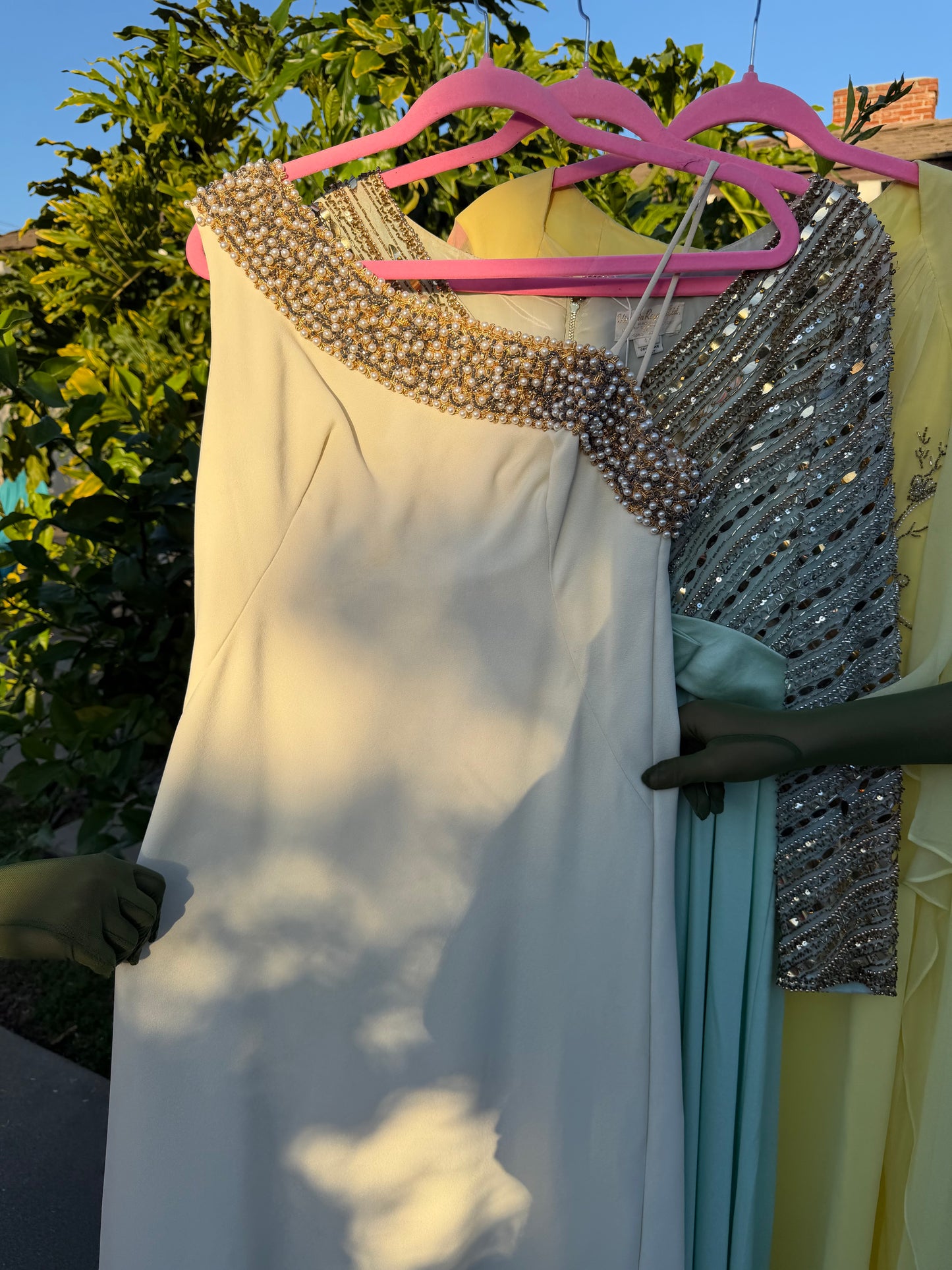 50s Vintage Emma Domb One Shoulder Embellished Pearl Beading Gown Fits XS-SM