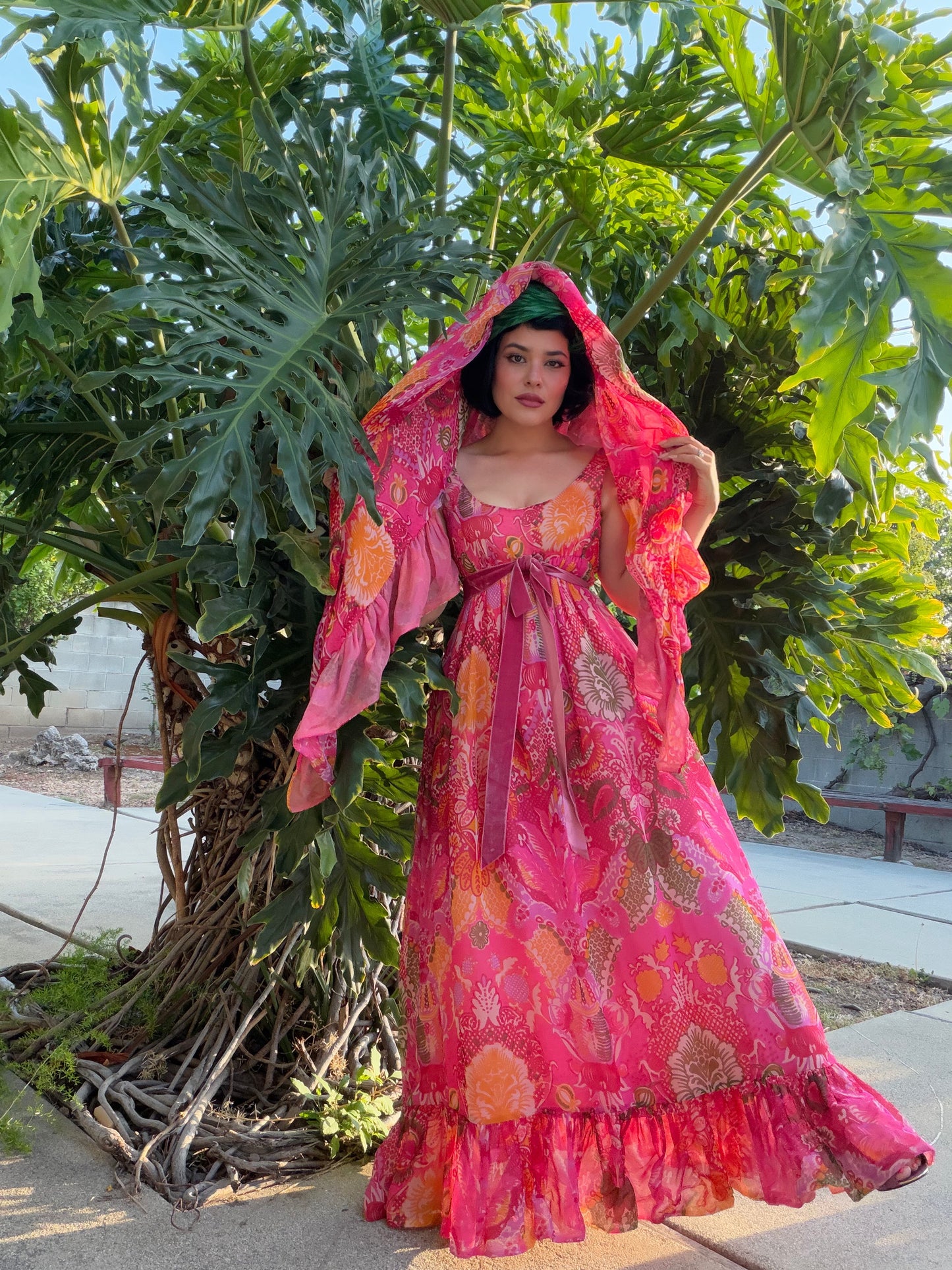 Vintage 60s Malcolm Starr Elinor Simmons Silk Chiffon Pink floral Psychedelic Maxi Gown & Shawl Fits XS-SM