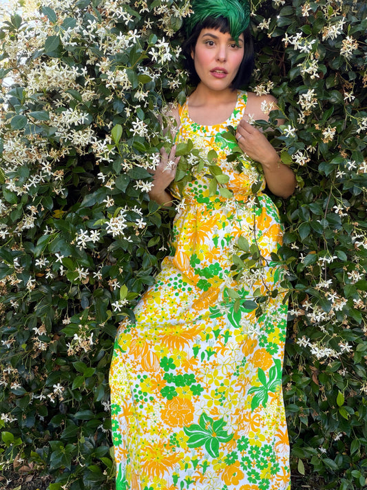 Vintage 60s "Lilly Pulitzer" Floral Print Maxi Dress - Best Fits Size XXS-SM