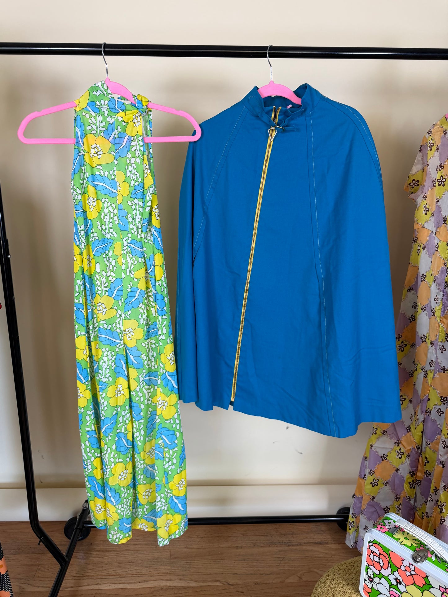 Vintage 60s Marine Blue Mod Poncho Gold Zip Cape by Jonathan Logan Fits all sizes